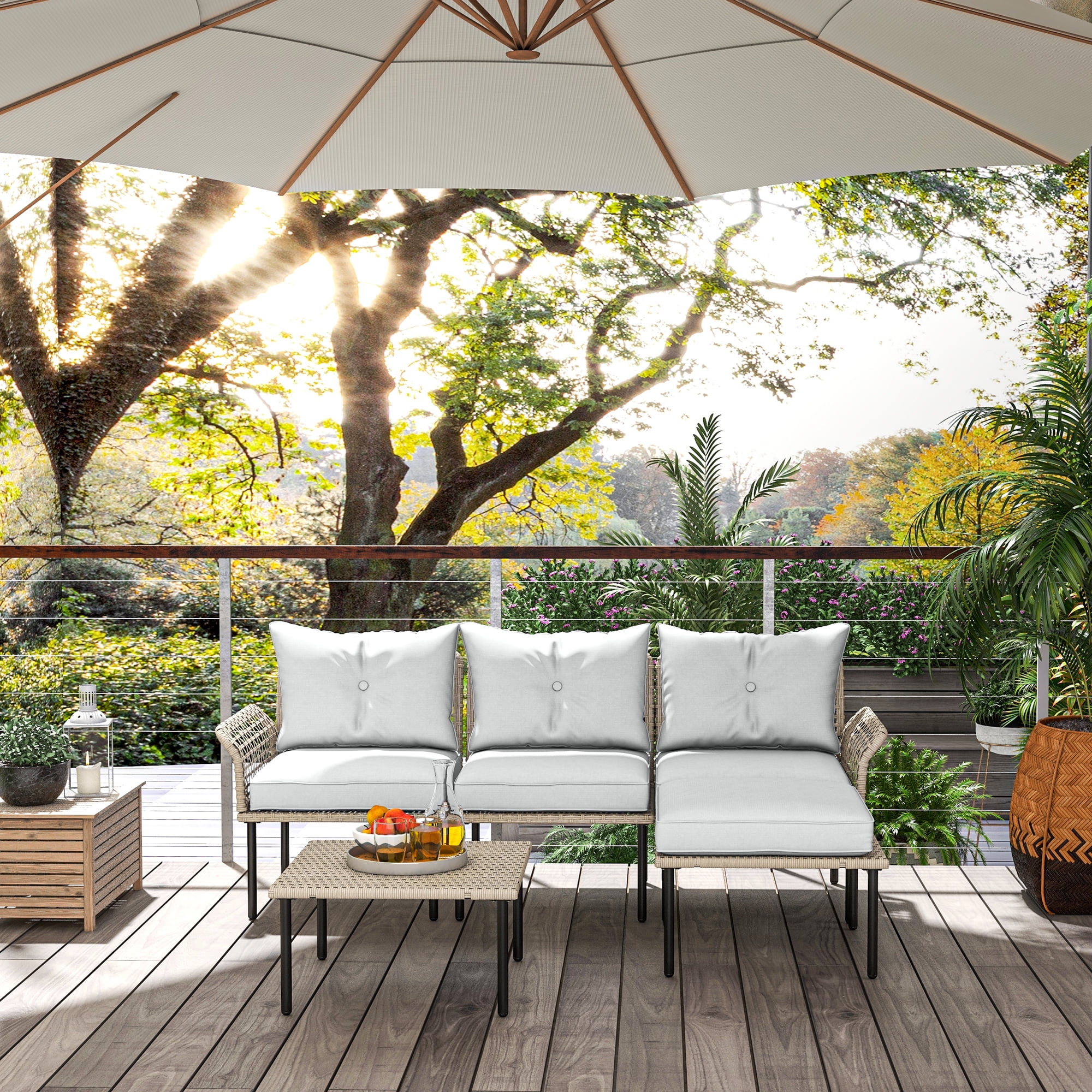 Outsunny 5 PCs Patio Furniture Set with Sofa, Chaise Lounge, Table, Cream