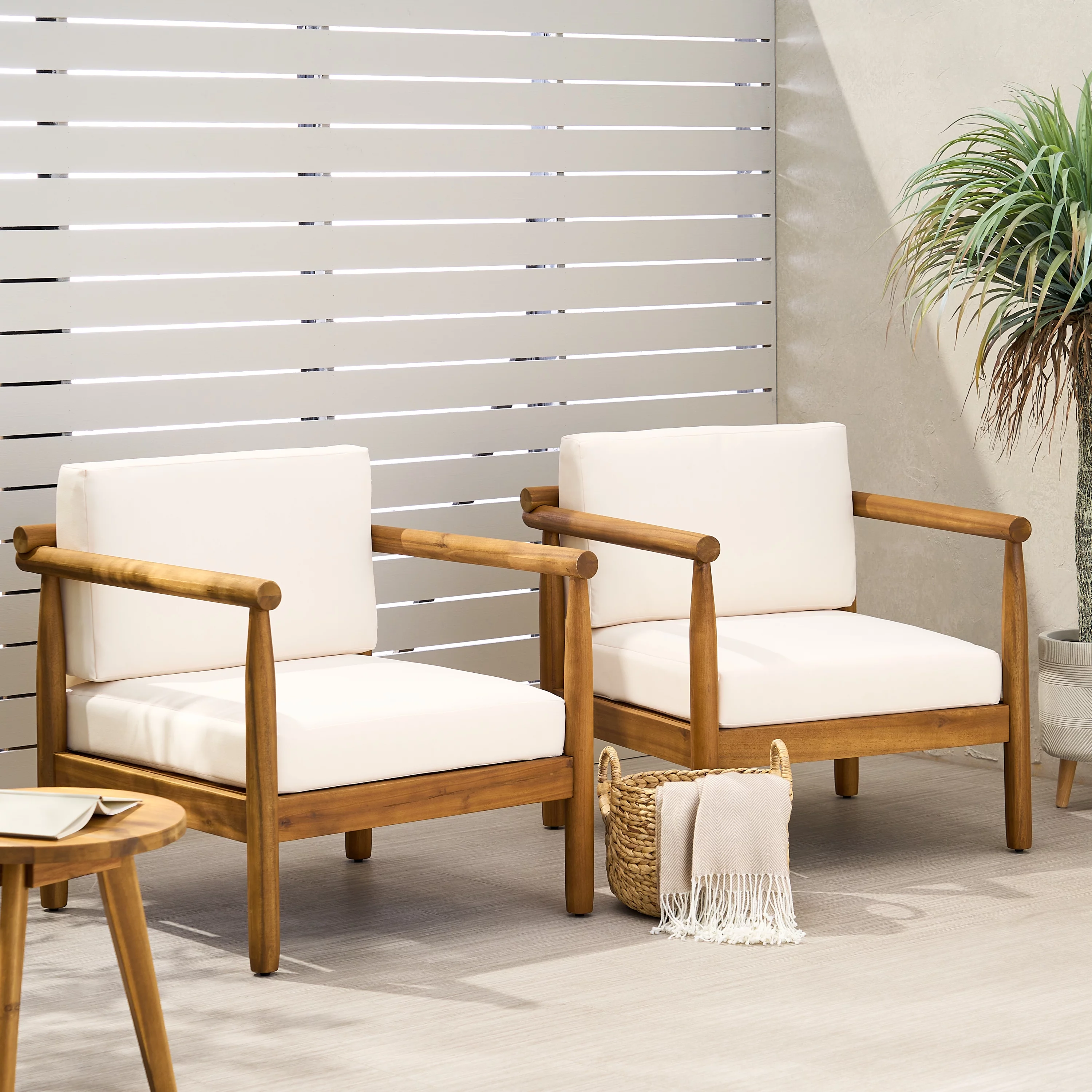 GDF Studio Benewah Outdoor Acacia Wood Club Chairs with Cushions, Set of 2, Teak and Cream