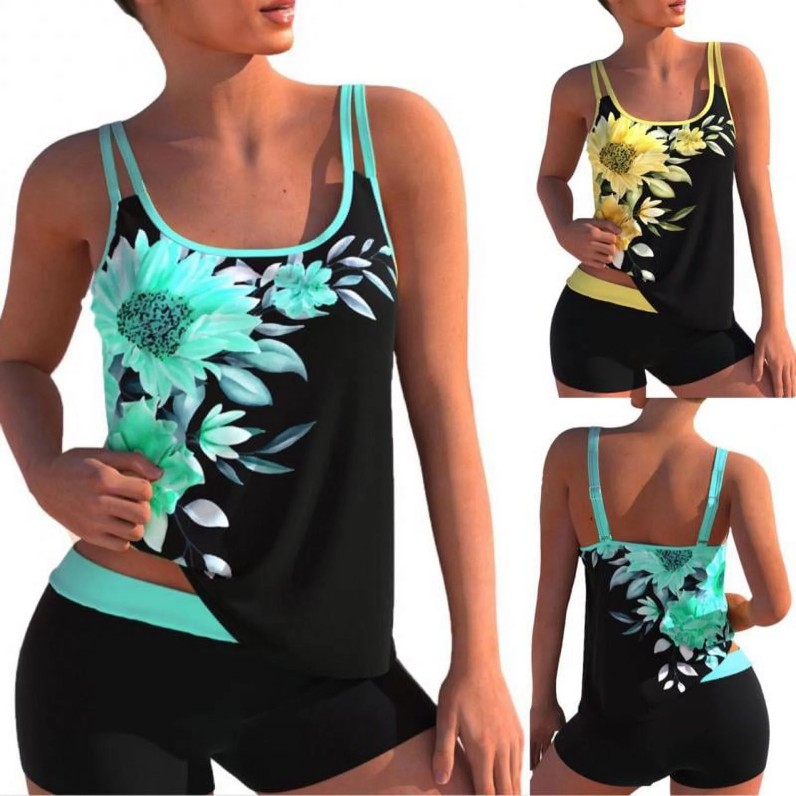 S-5XL Womens Tankini Bathing Suits Tummy Control Two Piece Floral Print Swimsuits With Boyshorts
