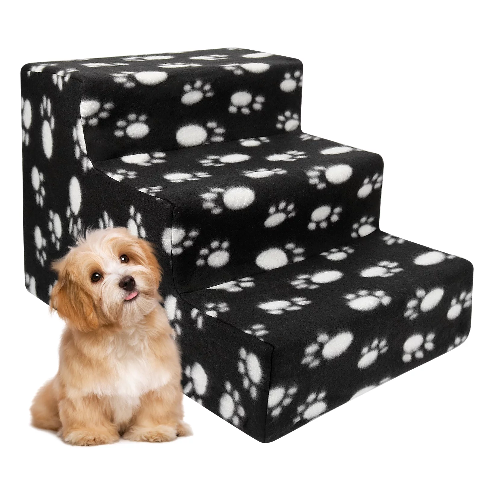 Vivifying Pet Stairs 3 Steps Indoor Dog Cat Steps Bed Ramp for Puppies up to 45 lbs Black with Paw