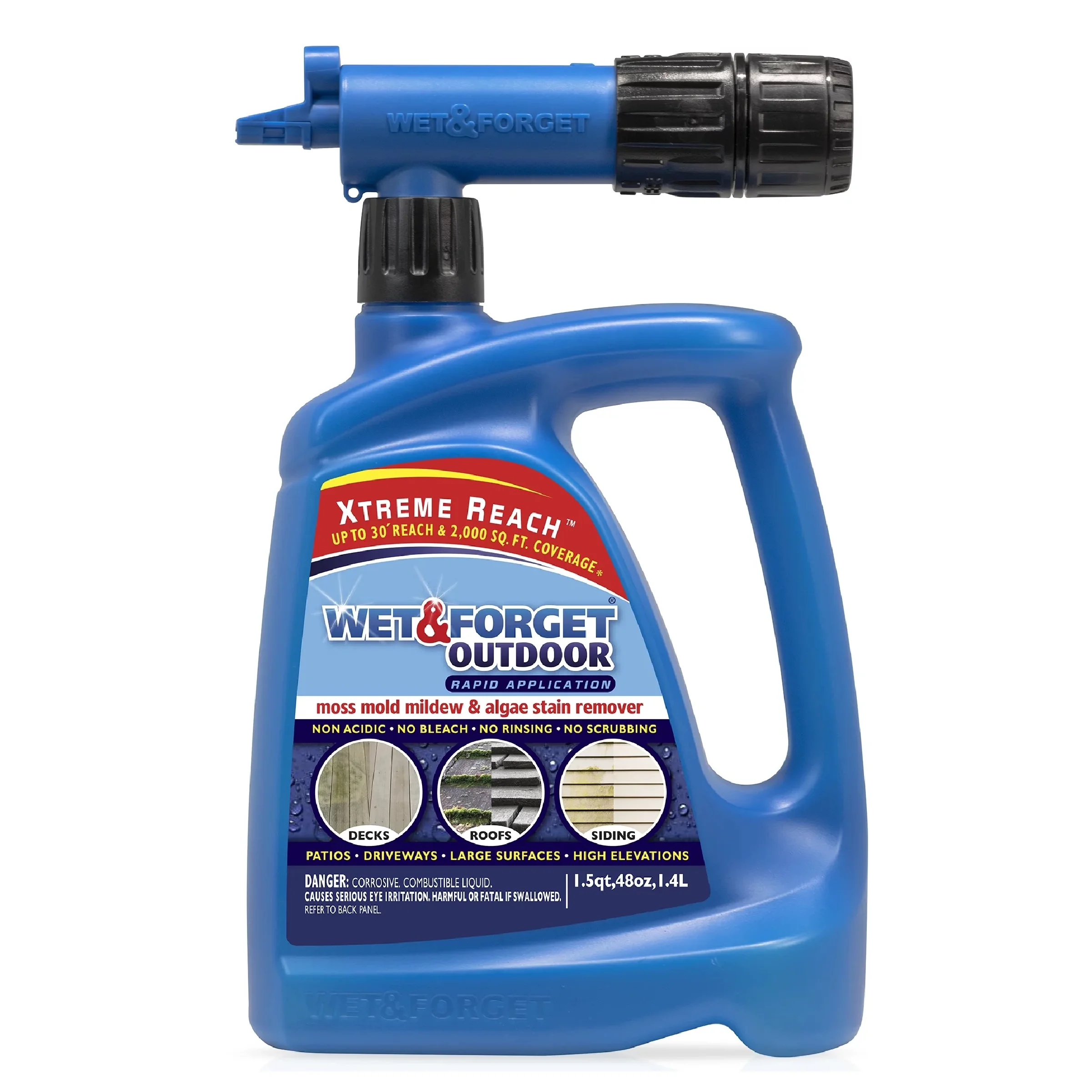 Wet & Forget Xtreme Reach Hose End Outdoor Surface Cleaner, Mold Mildew & Algae Stain Remover, 48oz