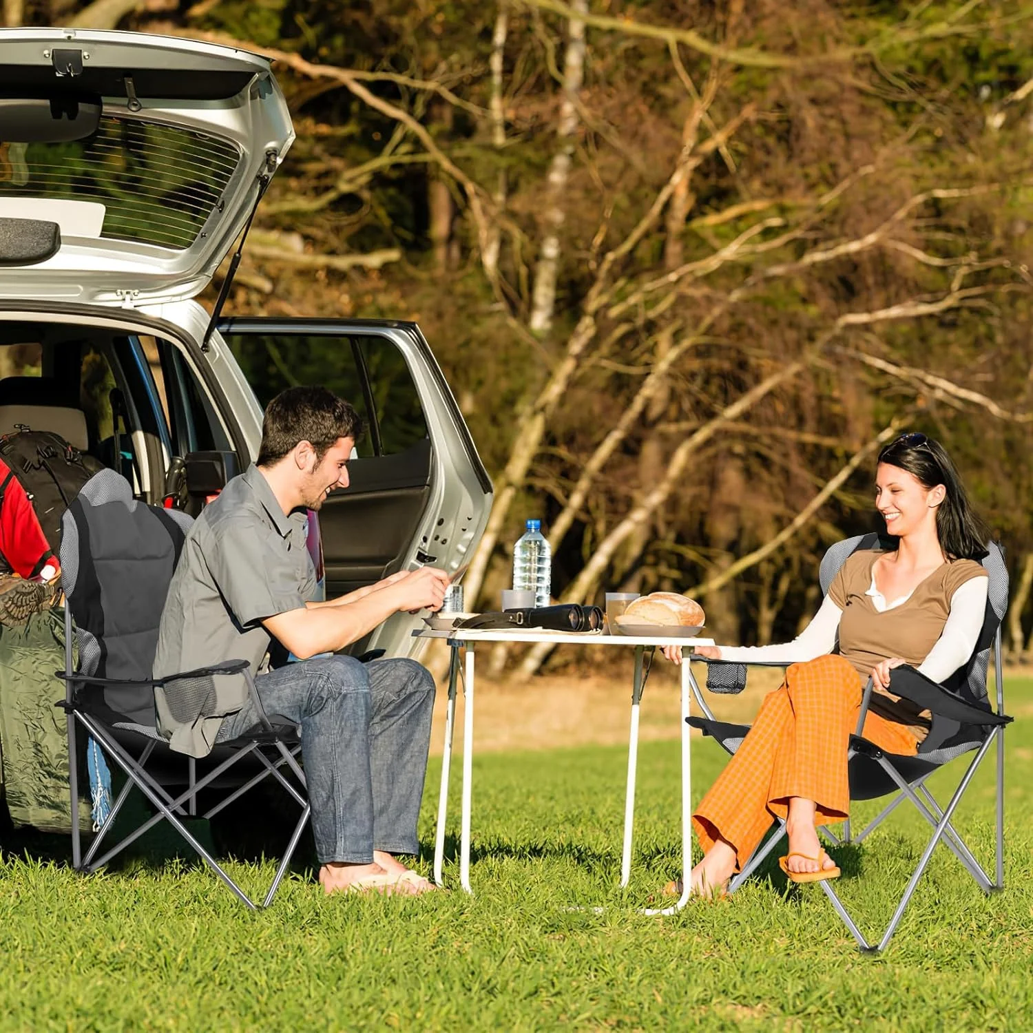 Foldable Camping Chair Heavy Duty Steel Lawn Chair Padded Seat Arm Back Beach Chair 330LBS Max Load with Cup Holder Carry Bag （Grey)