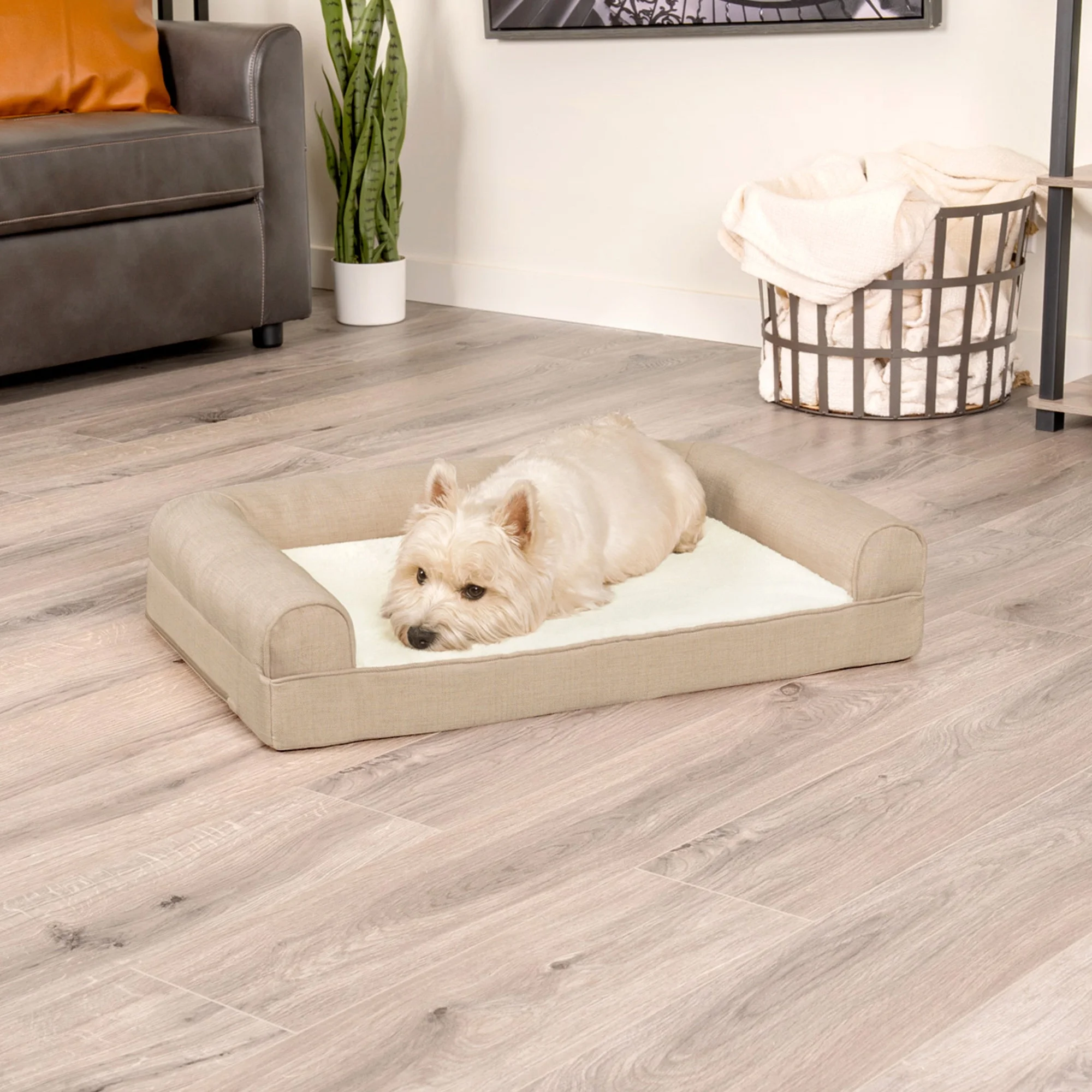 FurHaven Pet Products Medium Plush & Performance Linen Orthopedic Sofa Dog Bed, Flax