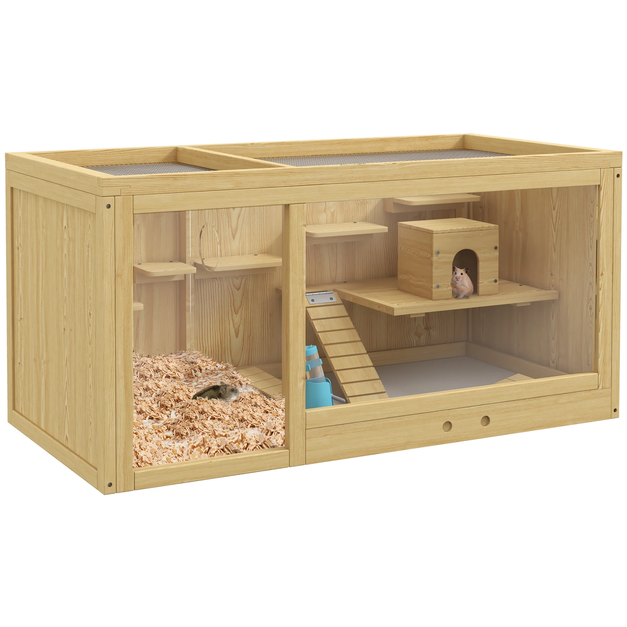 PawHut Extra Large Wooden Hamster Cage with Pull-out Tray, Seesaws, Ladder