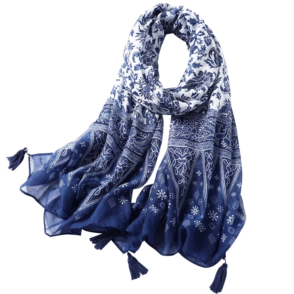 HEMOTON 1pc Cotton Fringed Shawl Blue and White Porcelain Pattern Scarf Retro Shawl Blue