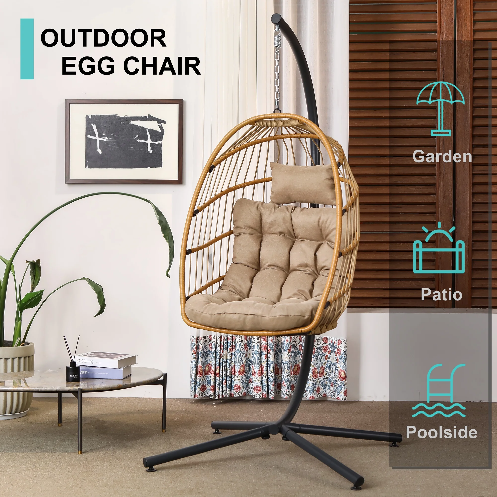 SWITTE Egg Chair with Stand PE Wicker Swing Chair and Beige Cushion