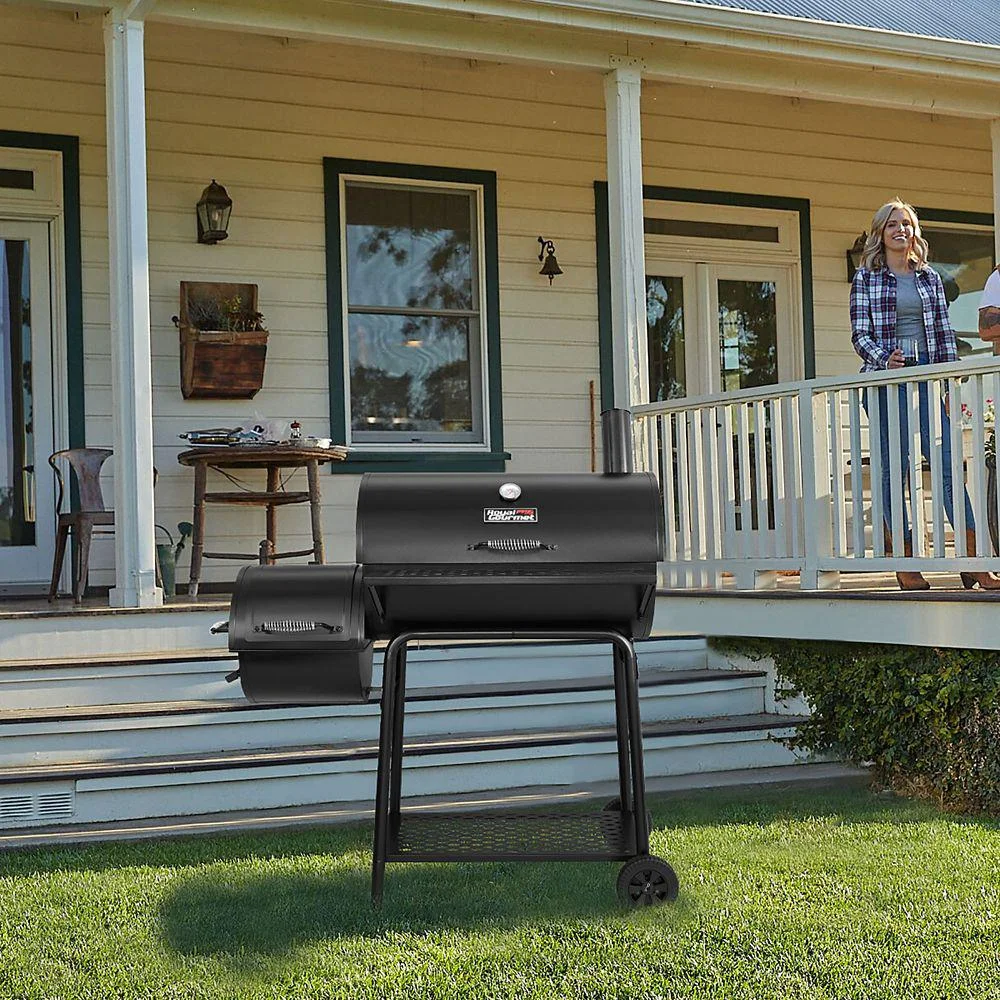 Royal Gourmet Charcoal Barrel Grill with Offset Smoker, Front and Bottom Shelves, 811 sq. in., Backyard Cooking, Black, CC1830F