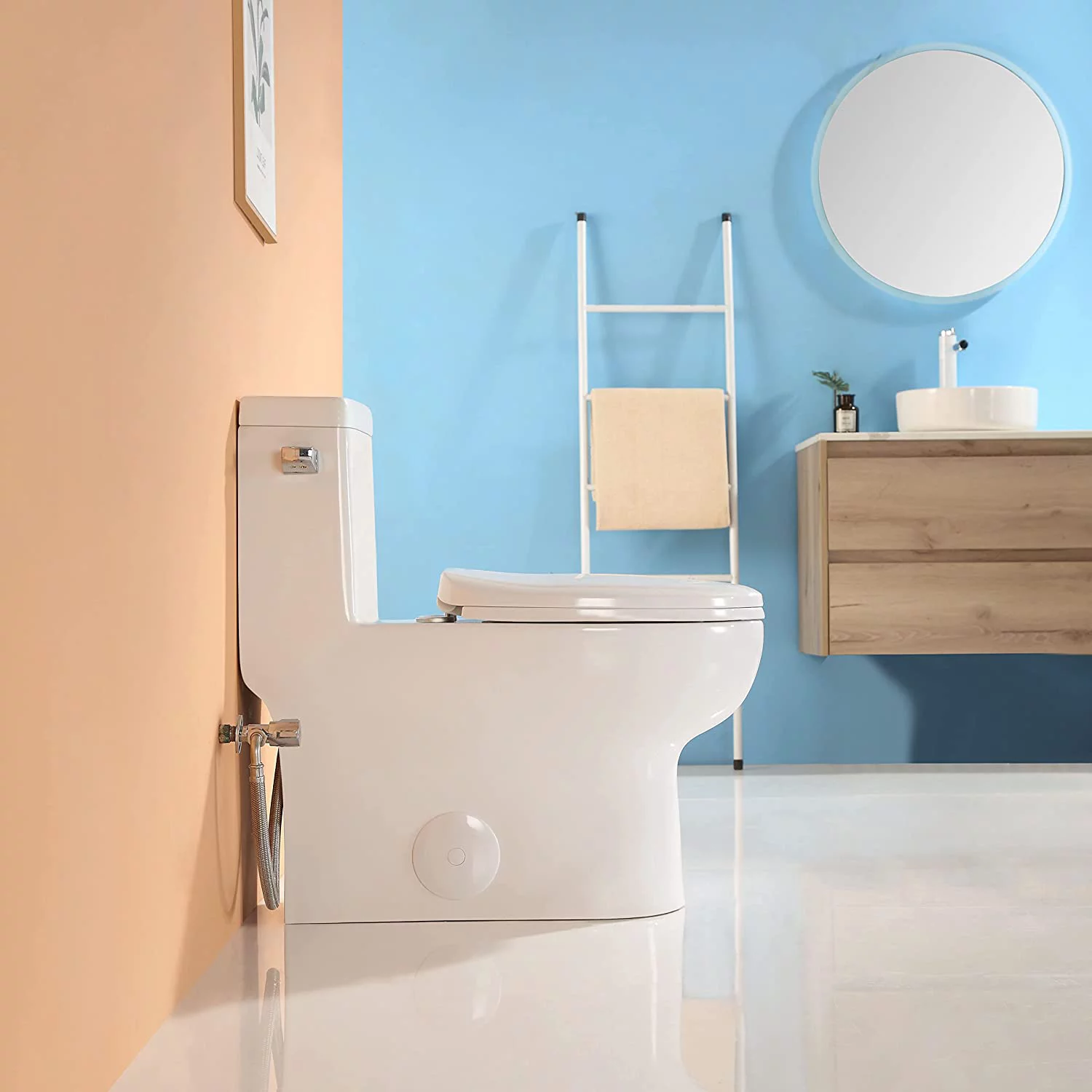 HOROW One Piece Elongated Toilet with Left-Hand Trip Lever, 1.28 GPF, 12'' Rough-In Single Side Flush Toilet for Bathroom, with Soft Closing Seat