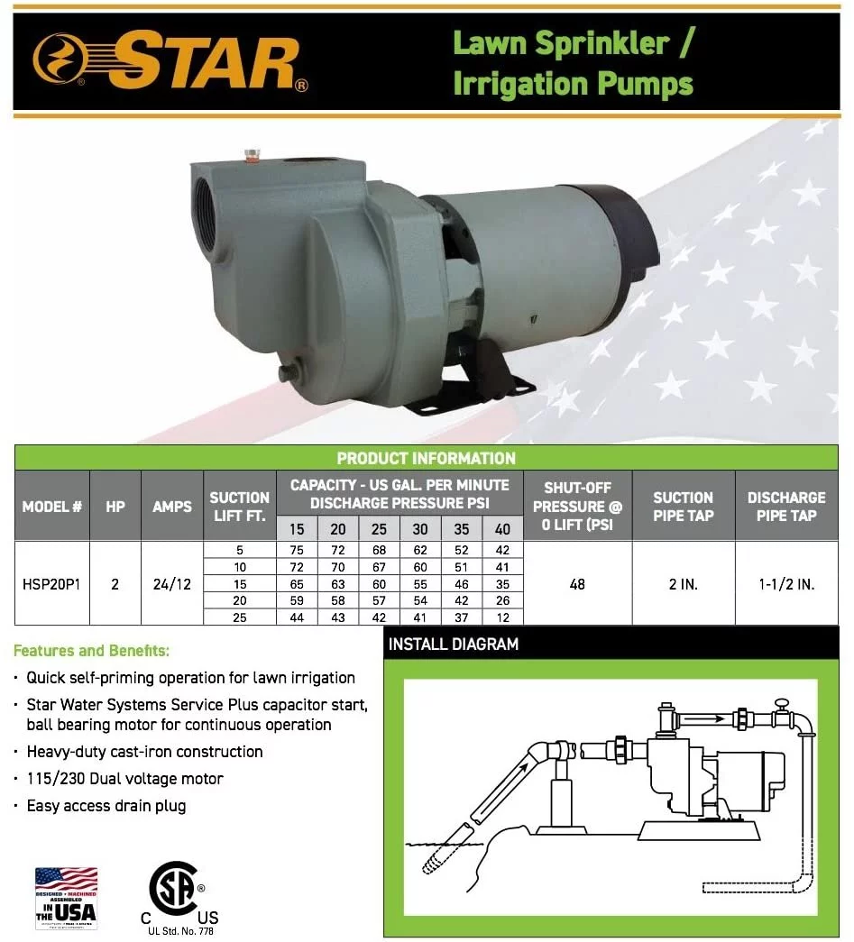 Star HSP20P1 2 HP Self Priming Lawn Sprinkler Irrigation Pump, Rugged Cast Iron, 78 GPM, Made in the USA using a Majority of US Content