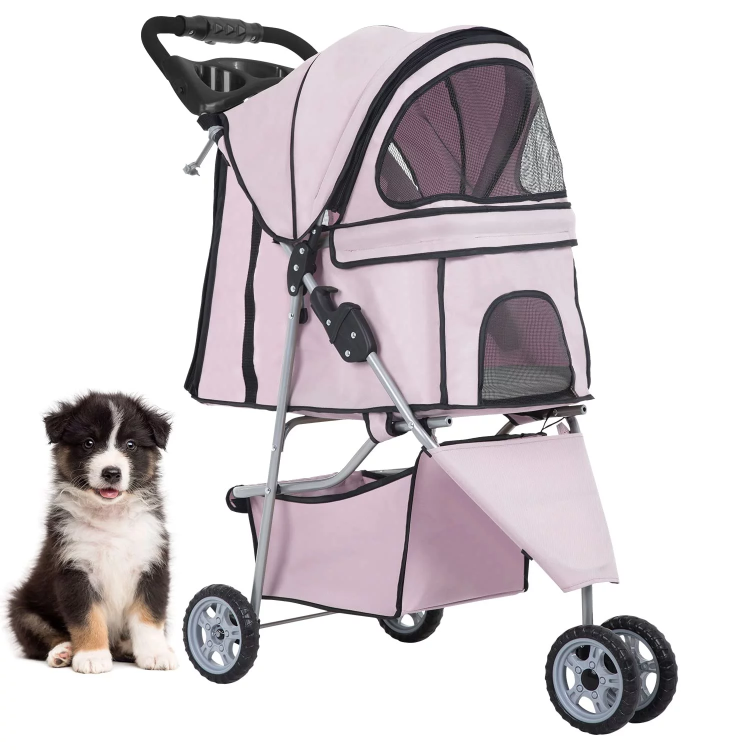BestPet 3 Wheels Pet Stroller Dog Cat Stroller Folding Carrier Waterproof with Cup Holder (Light Pink)