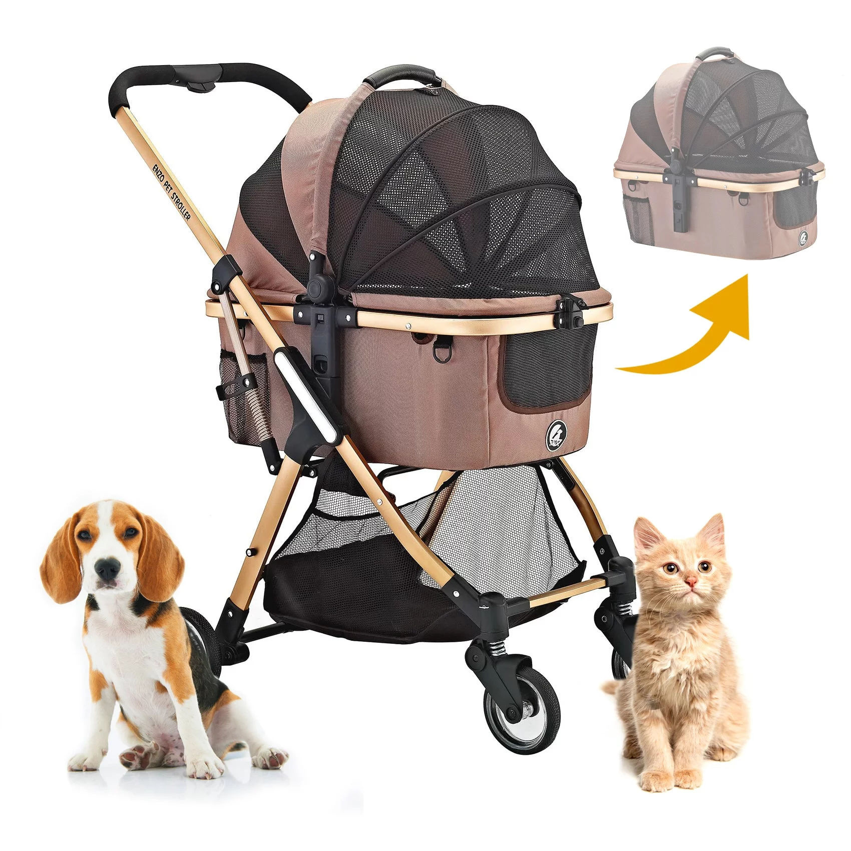 ENZO Pet Stroller Pista Super-Lightweight 3-In-1 Stroller, Travel Carrier, Car Seat For Pets (Gold)