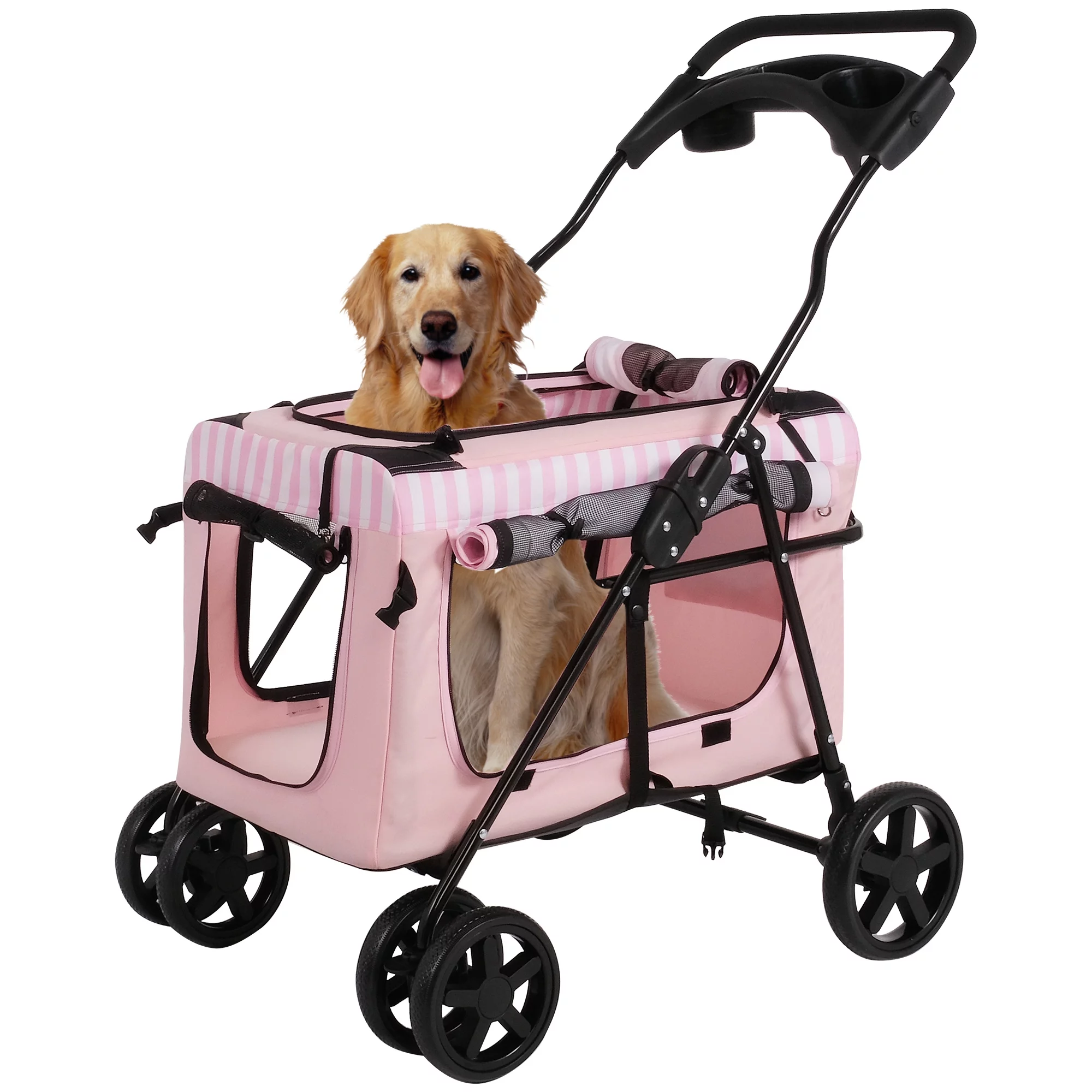 3-in-1 Folding Pet Dog Stroller, 4-Wheel Travel Dog Stroller with Water Cup Holder and Detachable Carrier Bag, Jogger with Pet Cat Kitten Puppy Carriages, Pink