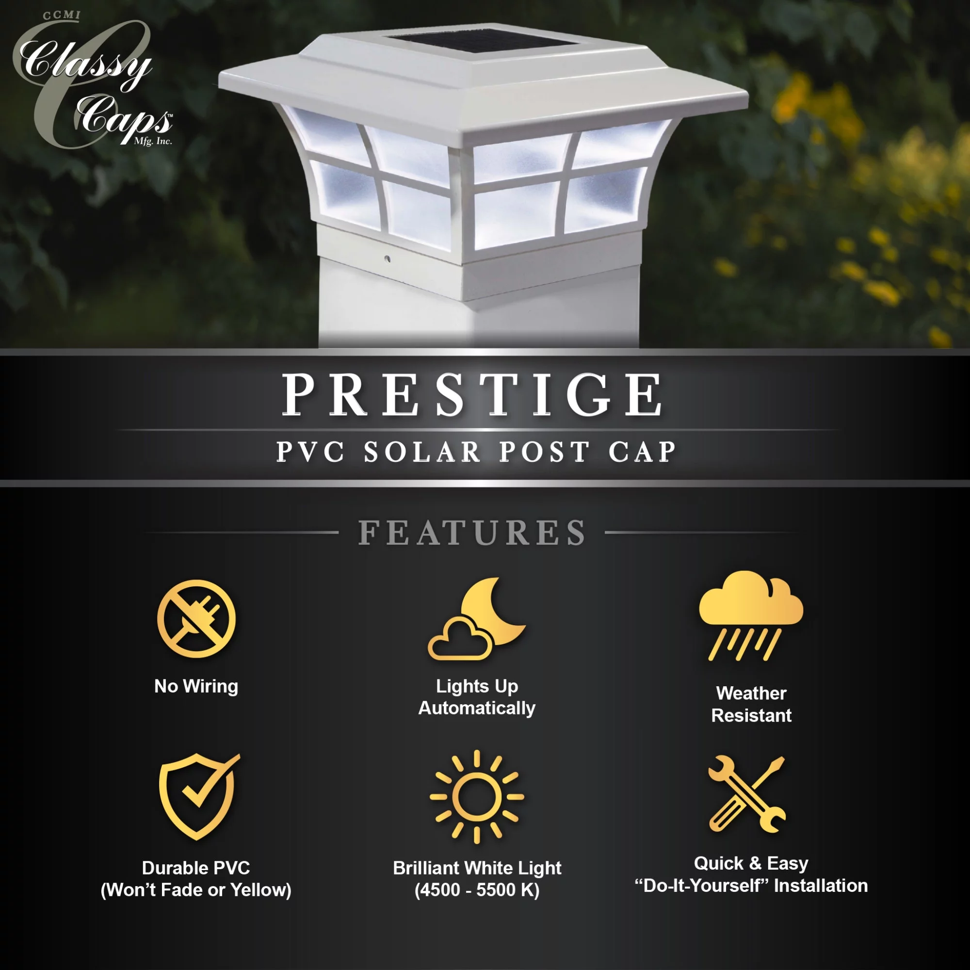 CLASSY CAPS 5x5 WHITE PVC PRESTIGE SOLAR POST CAP SET OF 2