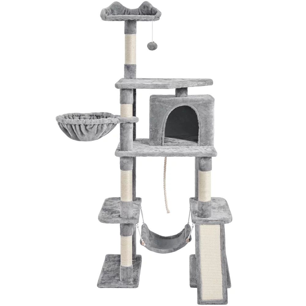 Easyfashion 69.5-inch Cat Tree Cat Activity Center with Scratching Post Tunnel Light Gray