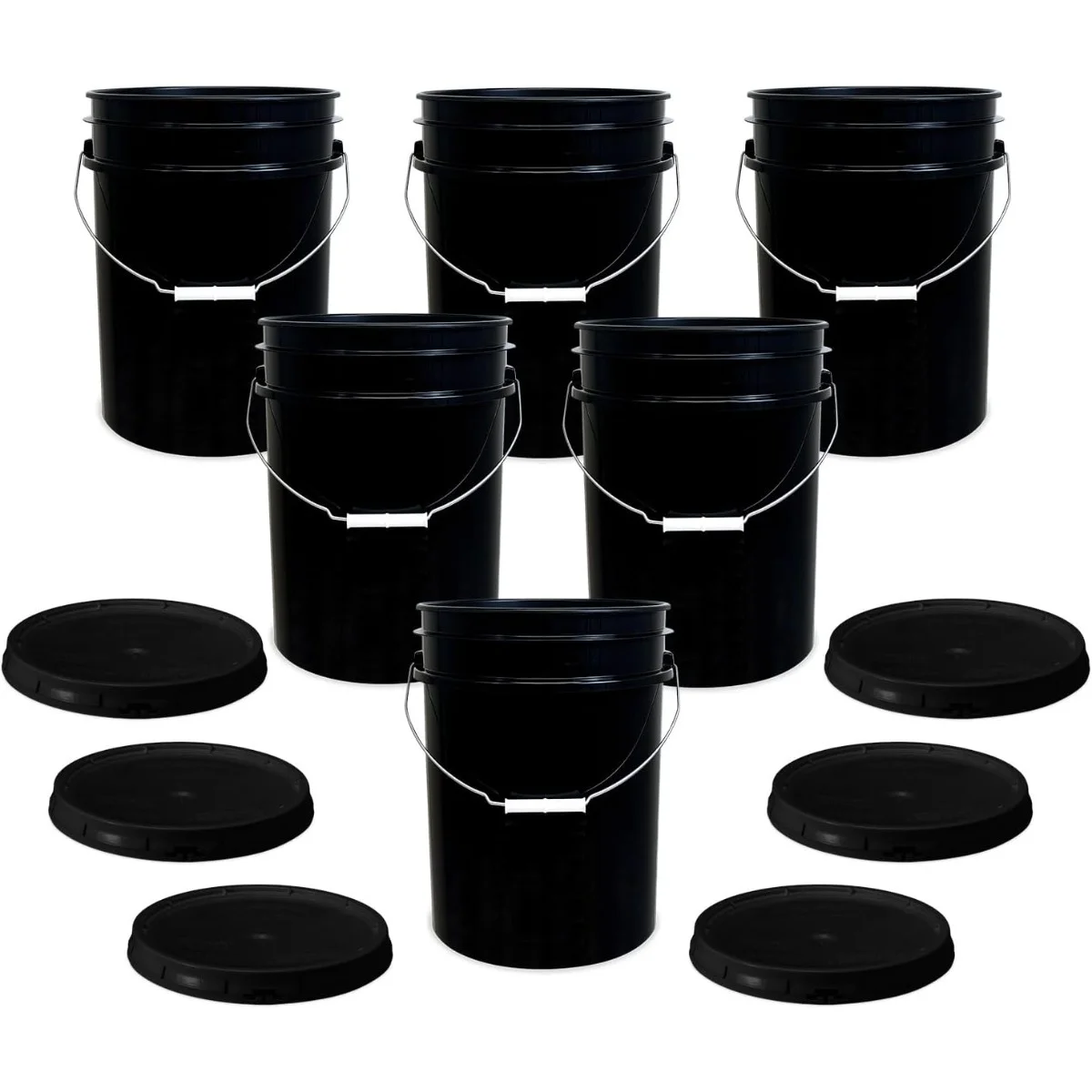 5Gallon Plastic Bucket with Airtight Lid,6 Count Food Grade Bucket,Black,BPA-Free I Heavy Duty 90 Mil All Purpose Pail Reusable