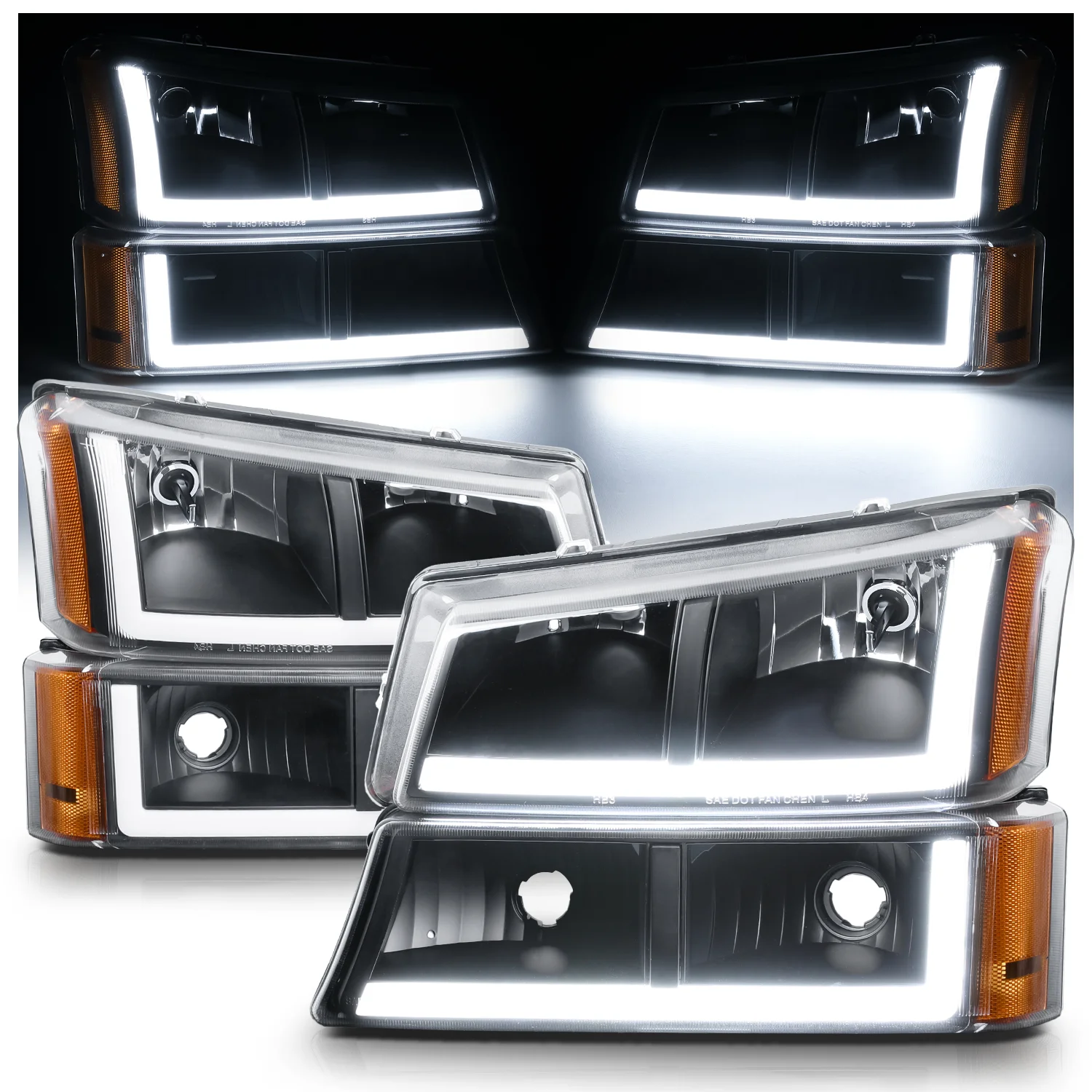 M-AUTO L Tube Bar Headlights W/ 2 Pair Pre-Assembled 6000K LED Bulbs for 03-04 Silverado 2500 / 03-06 Avalanche 1500, 2500 / 03-06 Silverado 1500, 1500HD, 2500HD, 3500