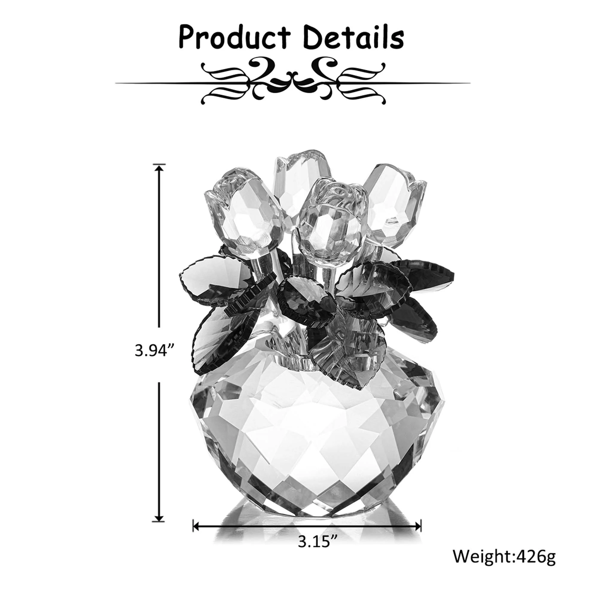 Jovivi Pink Rose Crystal Flower Figurine Collectibles Glass Flower Bouquet Ornament with Gift Box for Home Decoration Valentine's Day Anniversary Birthday Gift