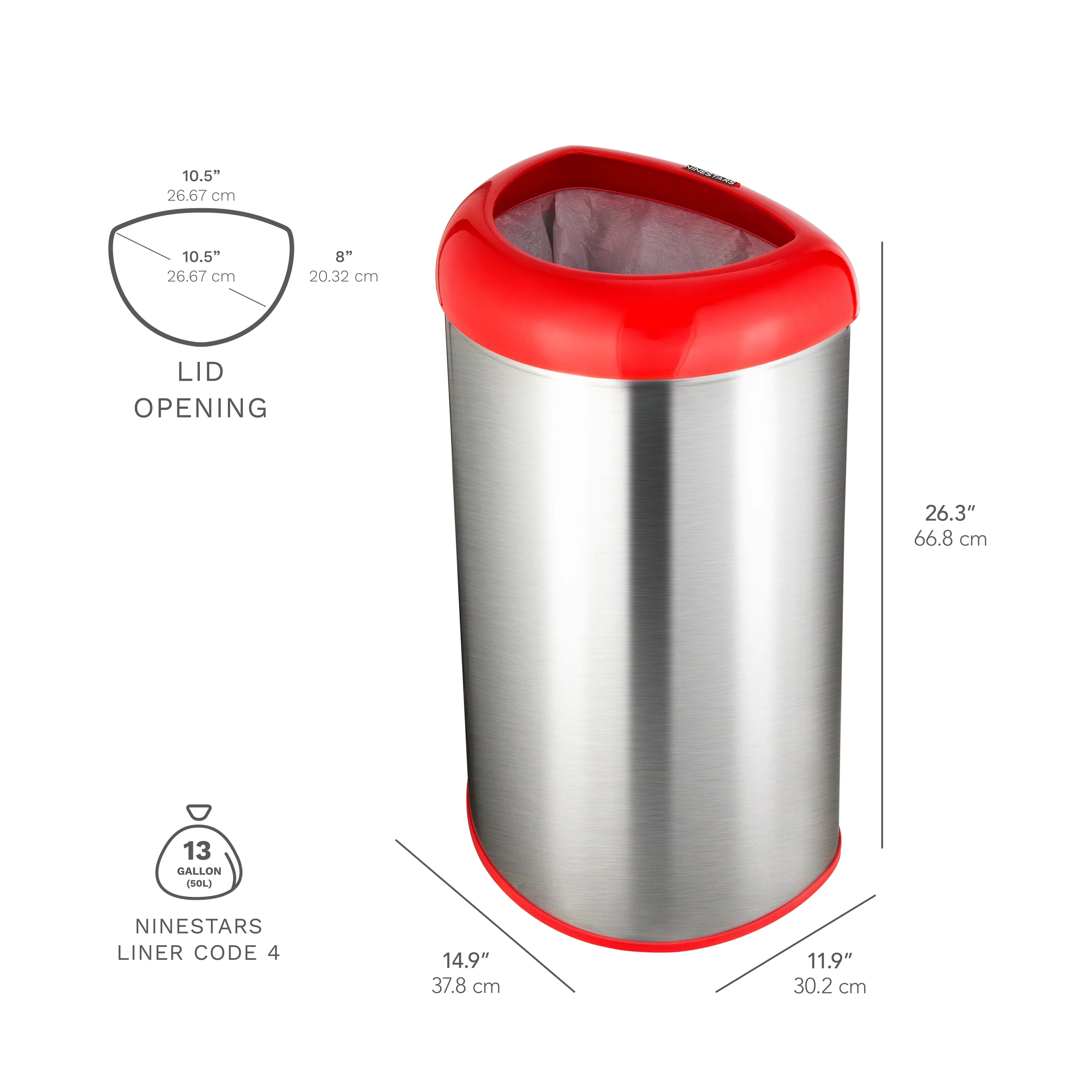 Nine Stars 13.2 gal / 50L Open Top Trash Can Red, Fingerprint-Resistant Stainless Steel