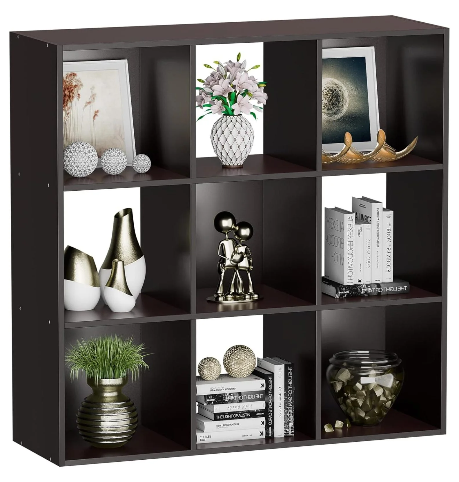 9 Cube Storage Organizer Shelf with 5 Removable Back Panels Freestanding 3-Tier Open Wood Bookshelf for Home, Office, Bedroom, Living Room (Espresso)