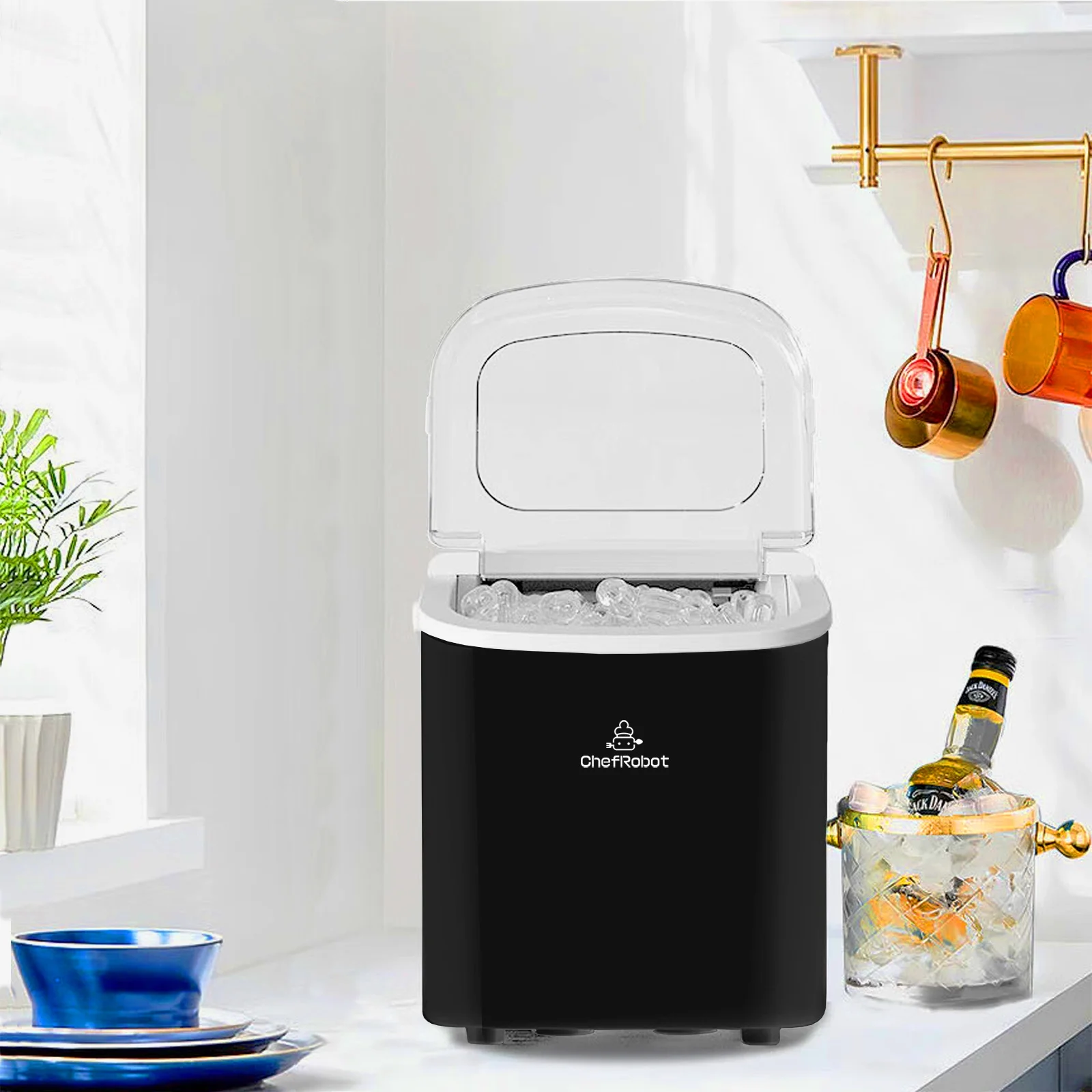 ChefRobot Ice Maker Countertop, Self-Cleaning Ice Maker with Ice Scoop and Basket, Make 26.5 lbs Ice in 24 Hrs, 9 Ice Cubes Ready in 6-8 Mins, Black