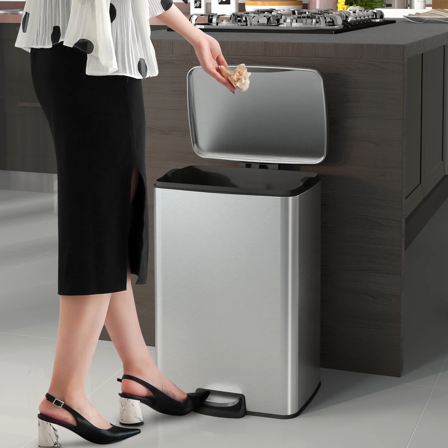 Innovaze 13.2 Gallon Trash Can, Stainless Steel Step On Kitchen Garbage Can, Silver