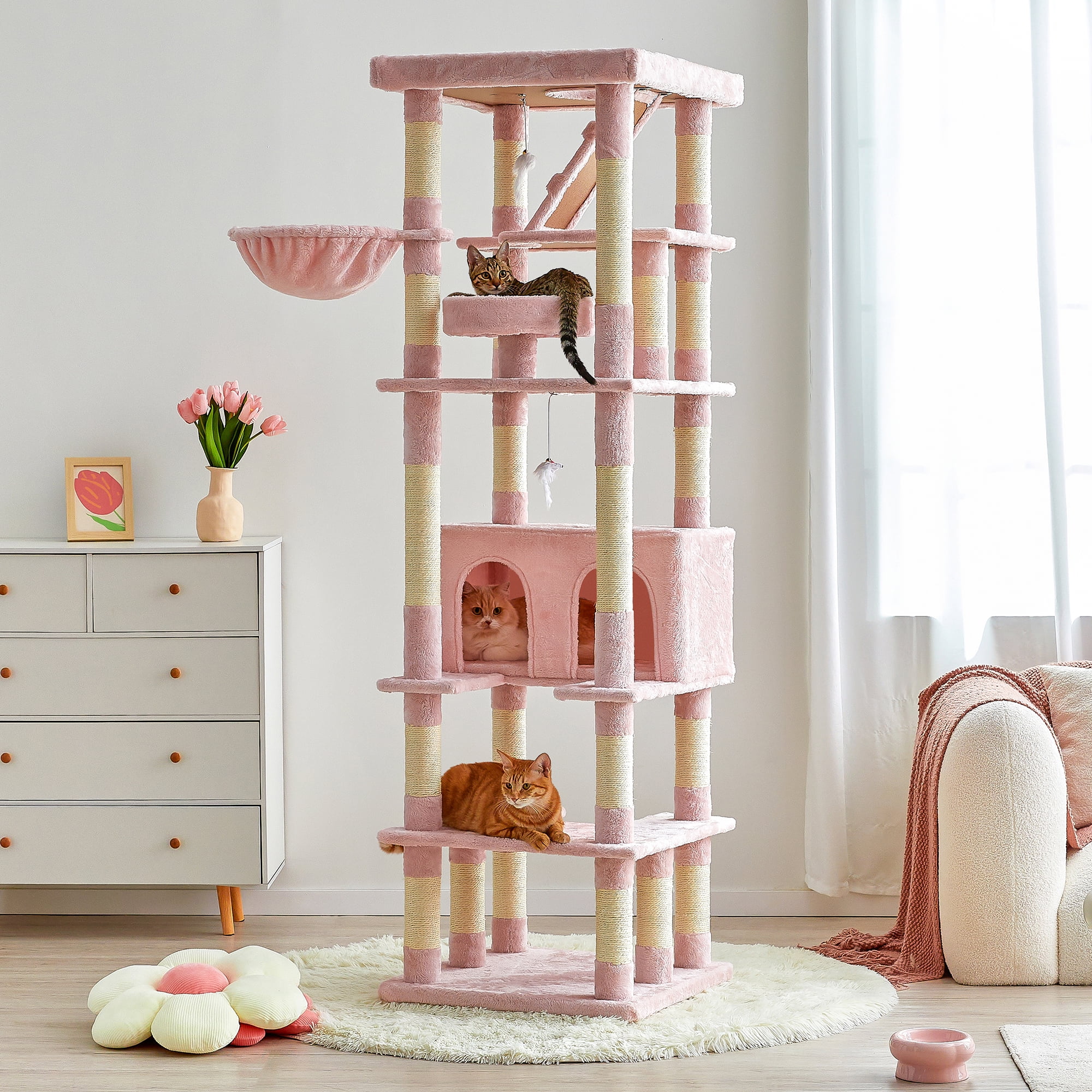 MWPO 74.8-in Extra Large Cat Tree with Double Condo and Scratching Post Tower,Pink