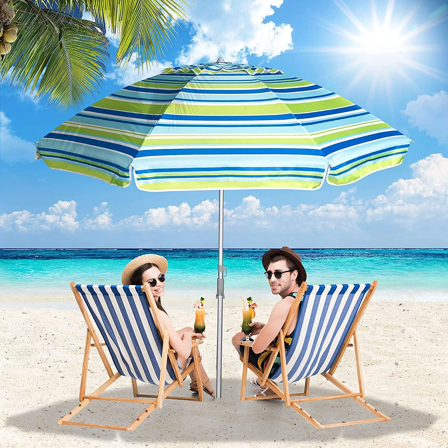 7 ft Beach Umbrella for Sand with Tilt/Sand Anchor/Carry Bag/, Stripe Blue and Green,UV 50+ UPF 100+