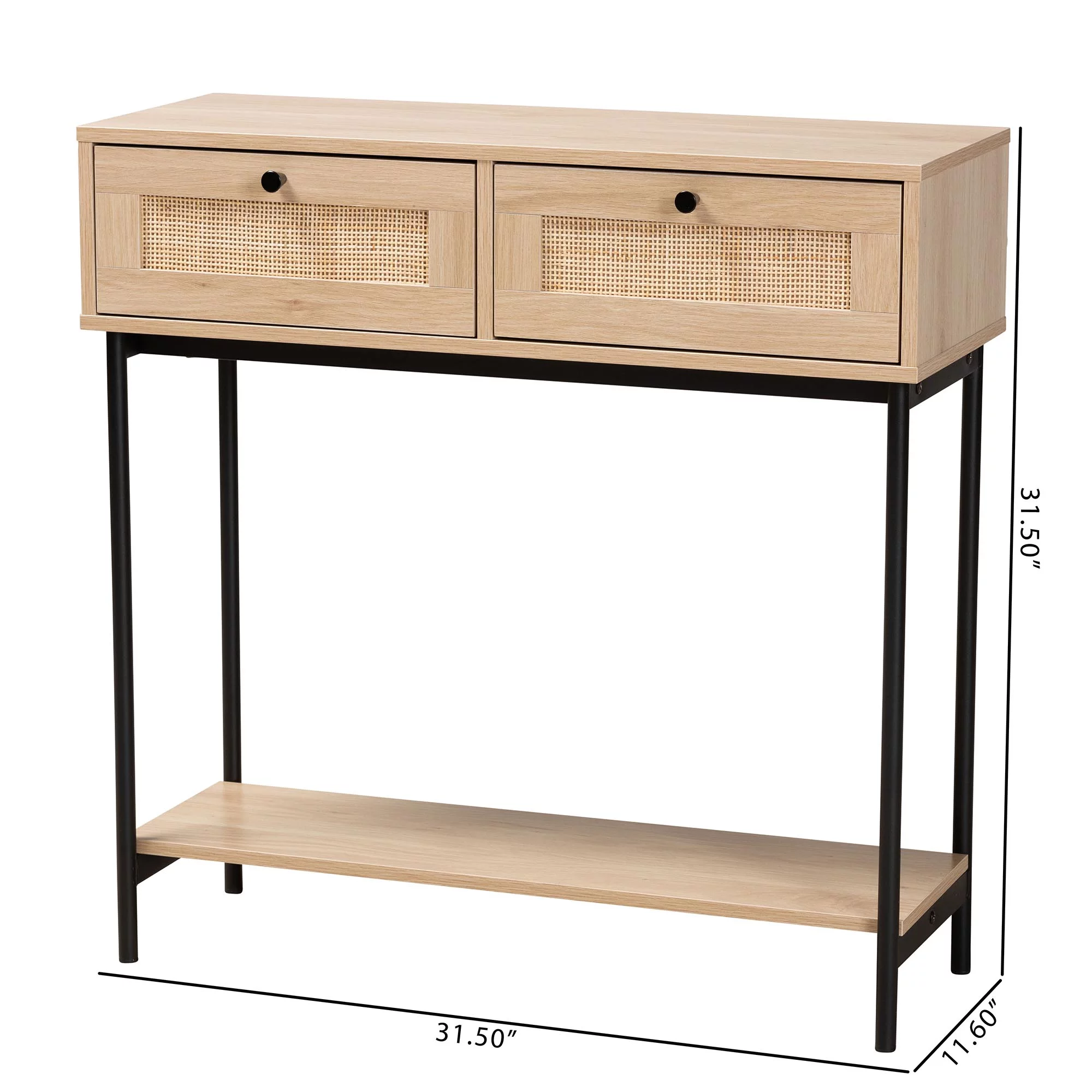Baxton Studio Sherwin Mid-Century Modern Light Brown and Black 2-Drawer Console Table with Woven Rattan Accent