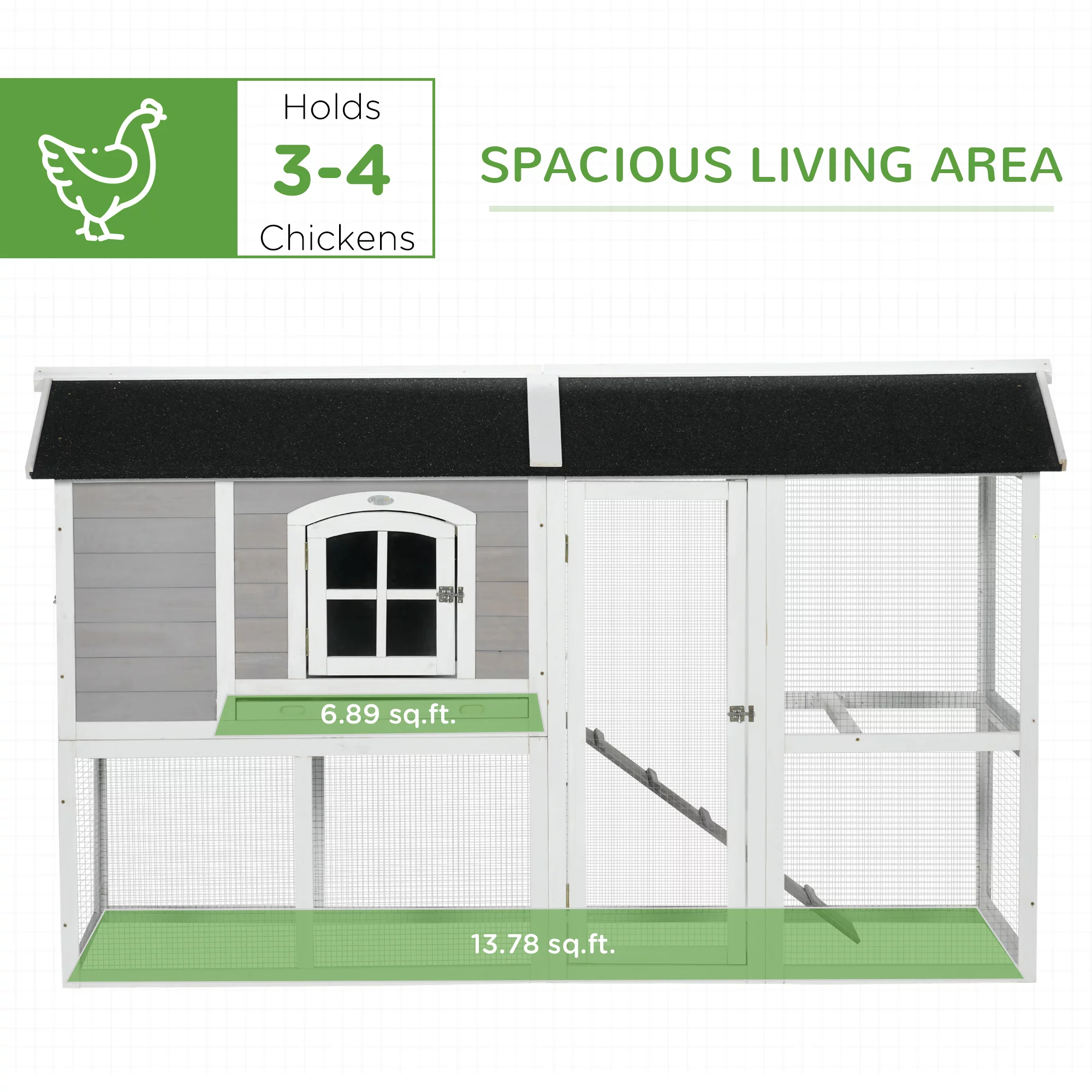 PawHut Wooden Chicken Coop with Run, Tray, 77.5