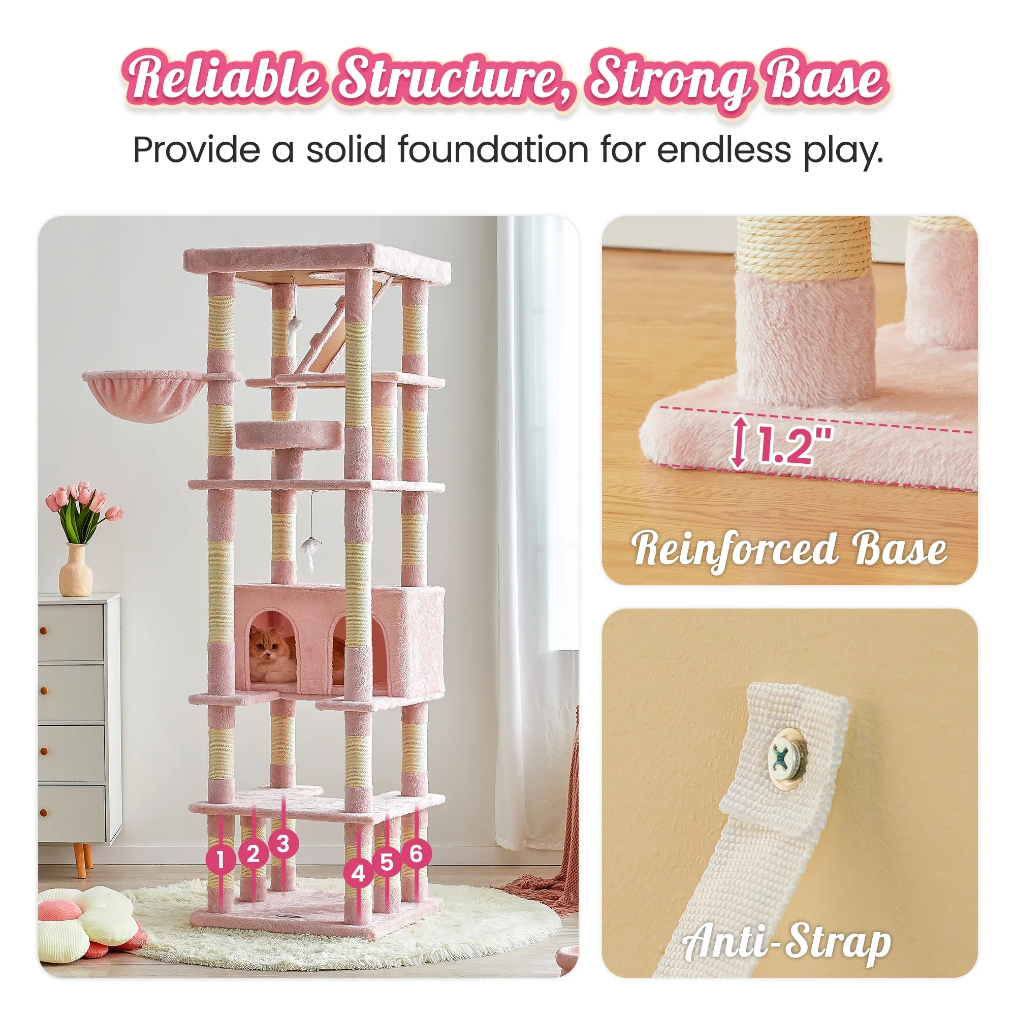 MWPO 74.8-in Extra Large Cat Tree with Double Condo and Scratching Post Tower,Pink