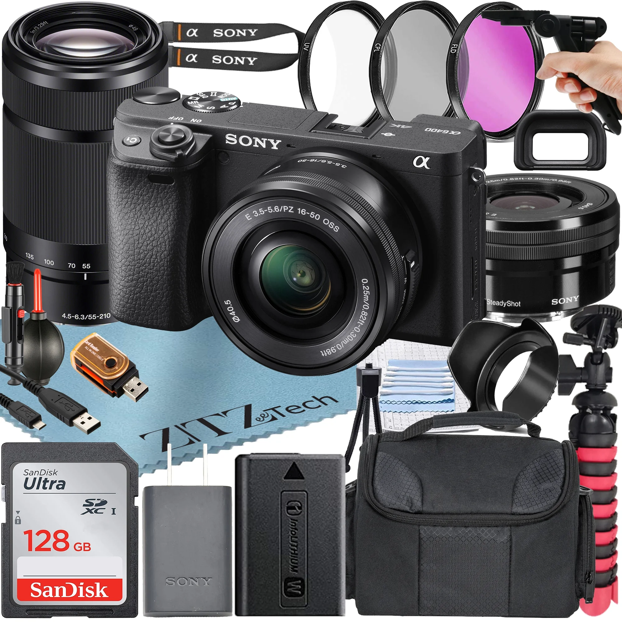 Sony Alpha a6400 Mirrorless Digital Camera with E PZ 16-50mm + E 55-210mm OSS Lens + SanDisk 128GB Card + Tripod + ZeeTech Accessory Bundle