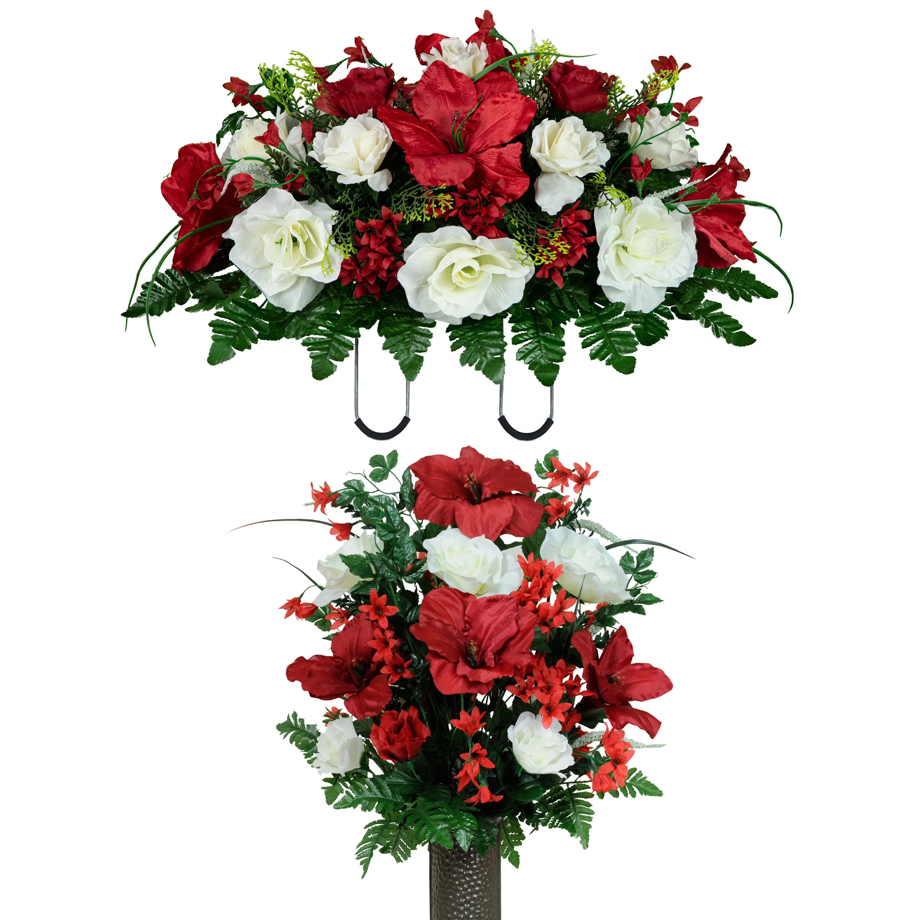 Sympathy Silks Artificial Cemetery Flowers Red Amaryllis White Roses 1 Bouquet & 1 Saddle