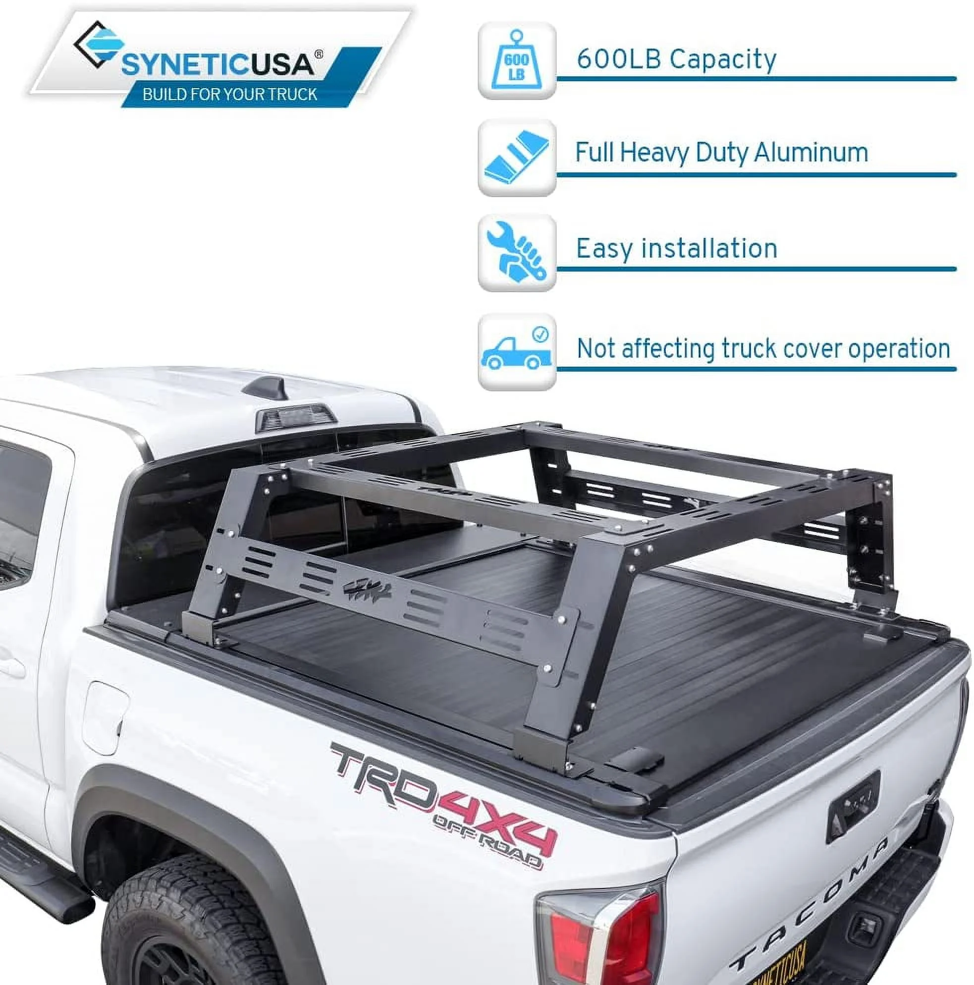 Syneticusa Retractable Hard Tonneau Cover with Cargo Rack Kit Fits 2016-2022 Toyota Tacoma 5ft Bed Aluminum Matte Black Low Profile Waterproof Off Road Ready