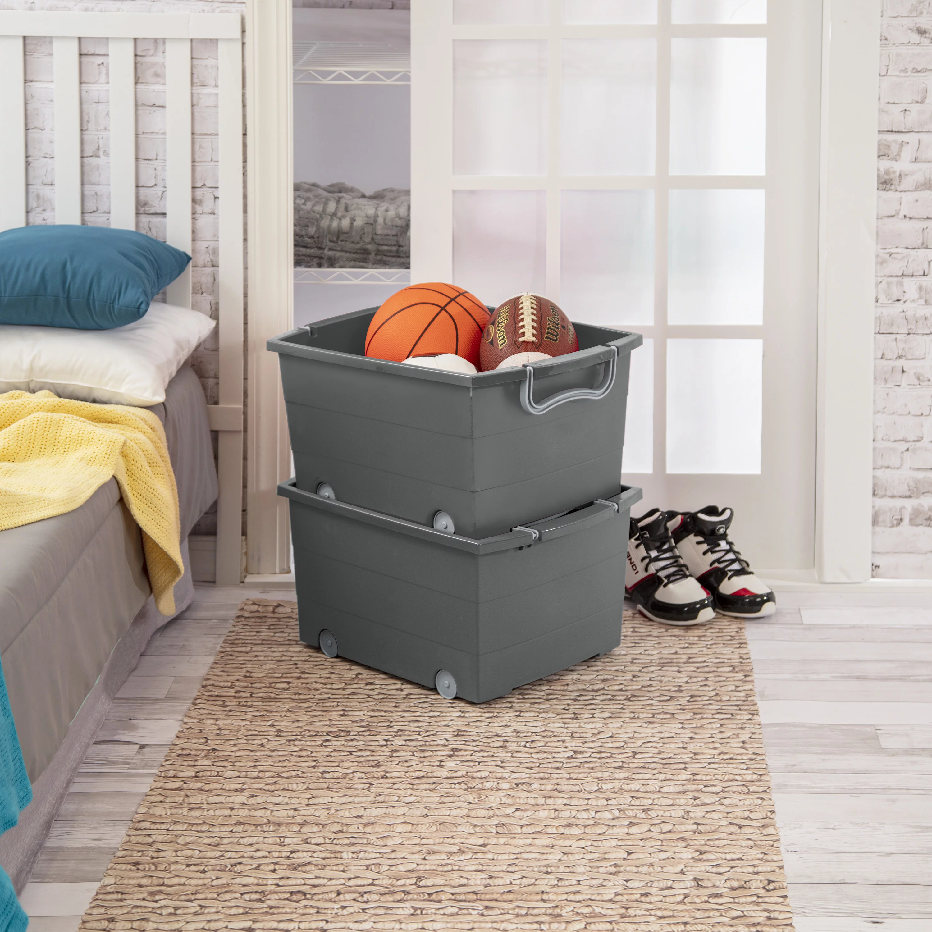 Your Zone Wheeled Stacking Bin Plastic, Gray Flannel, Set of 2
