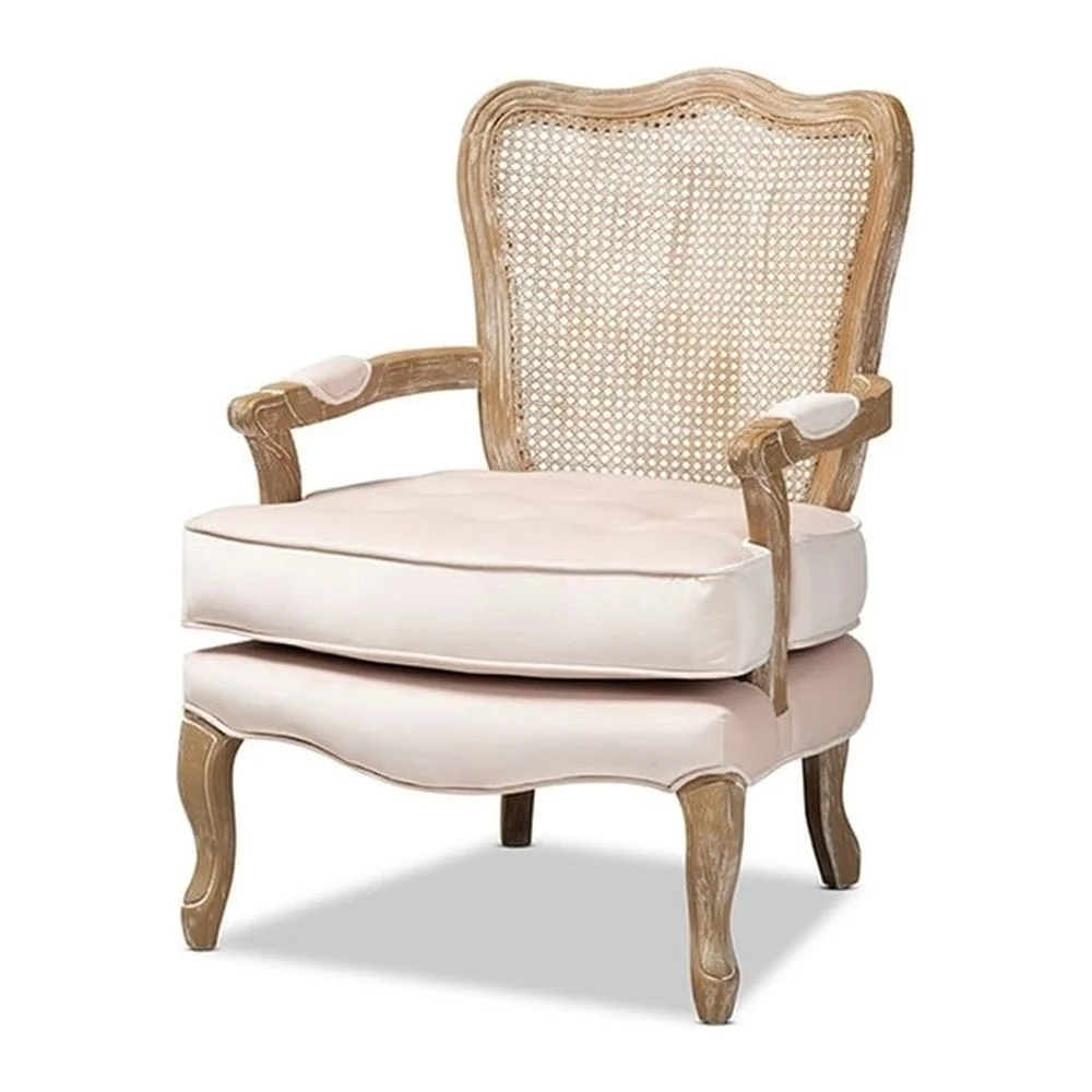 Vallea Traditional French Provincial Light Beige Velvet Fabric Upholstered Wood Armchair