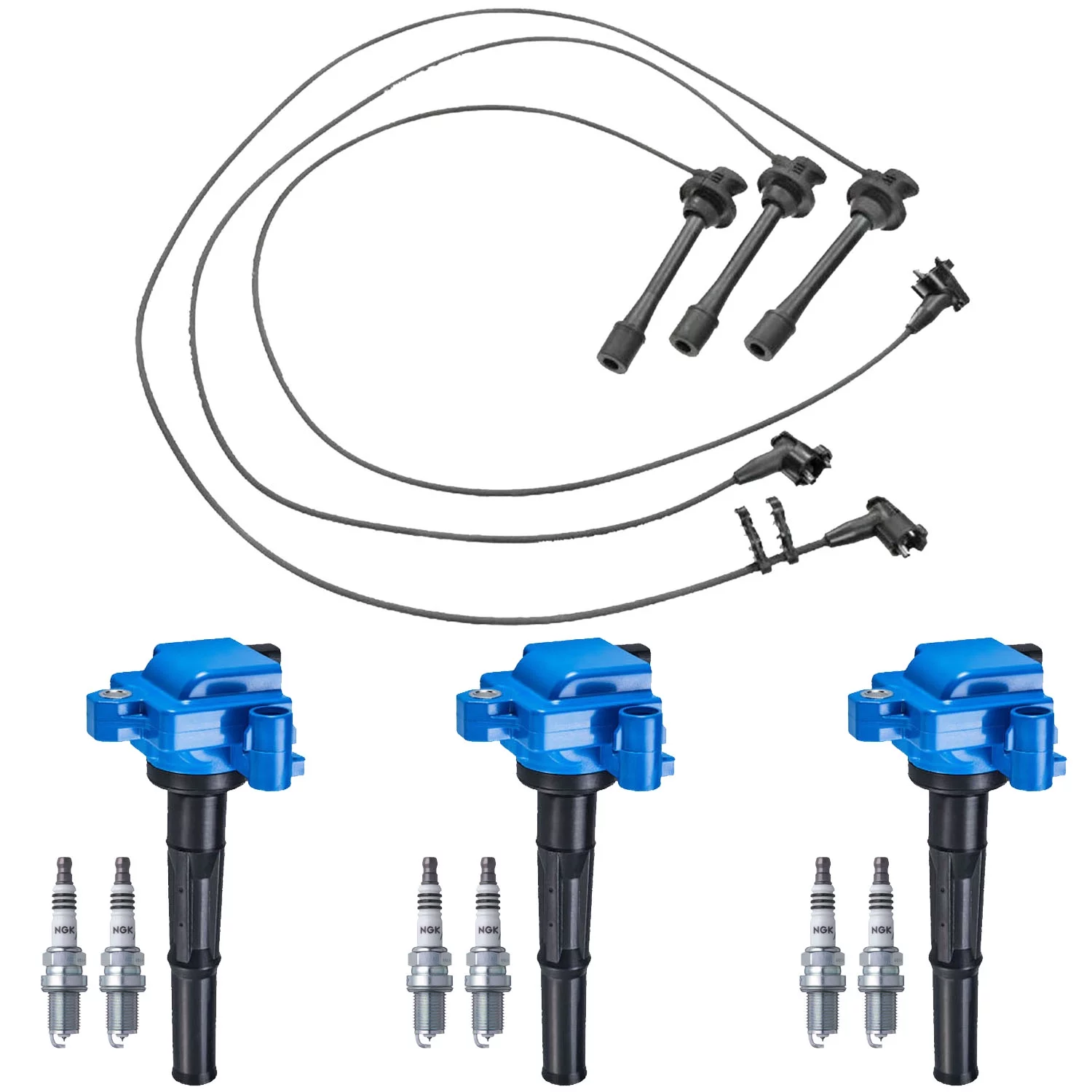 3 High Performance ISA Ignition Coils, Wireset and 6 NGK Iridium Spark Plugs Compatible with 2000-2004 Toyota Tundra 3.4L V6 Replacement for UF156