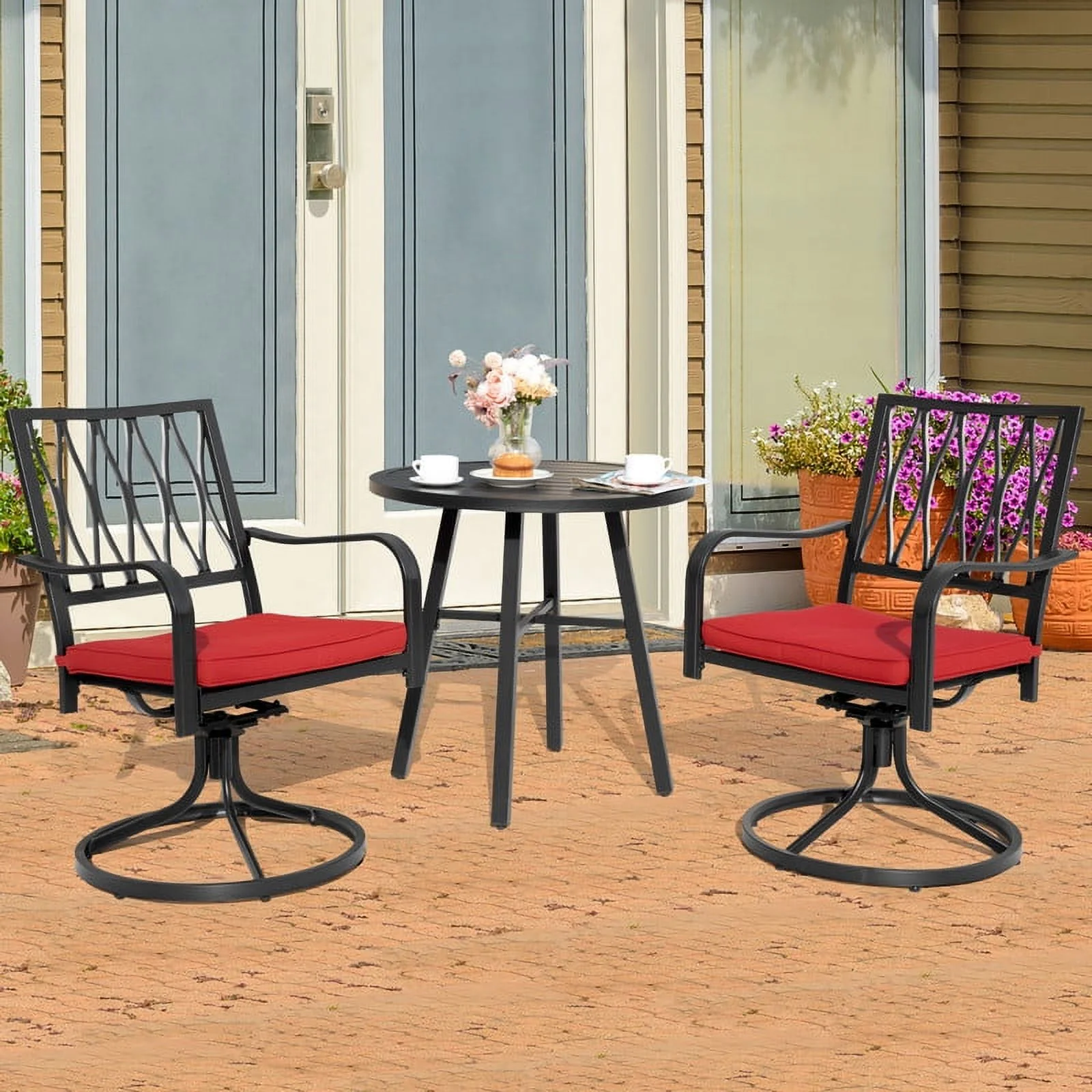 Nuu Garden 3 Piece Patio Bistro Set,Outdoor Furniture Patio Bistro Set Swivel Rocking Chair Set with Iron Table,Black and Red Color