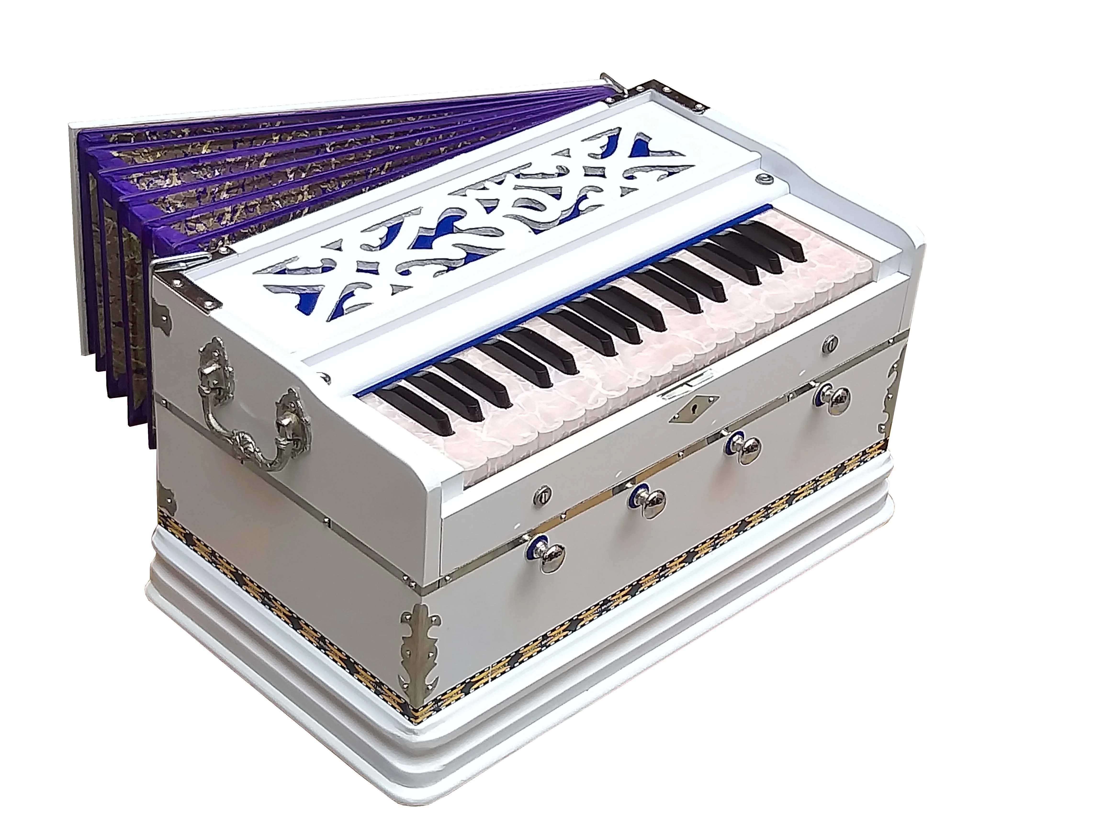 Harmonium White~2 Octaves~7 Fold Bellow~4 Stop~Double Reeds~32 Keys~Chant~Kirtan~Bhajan