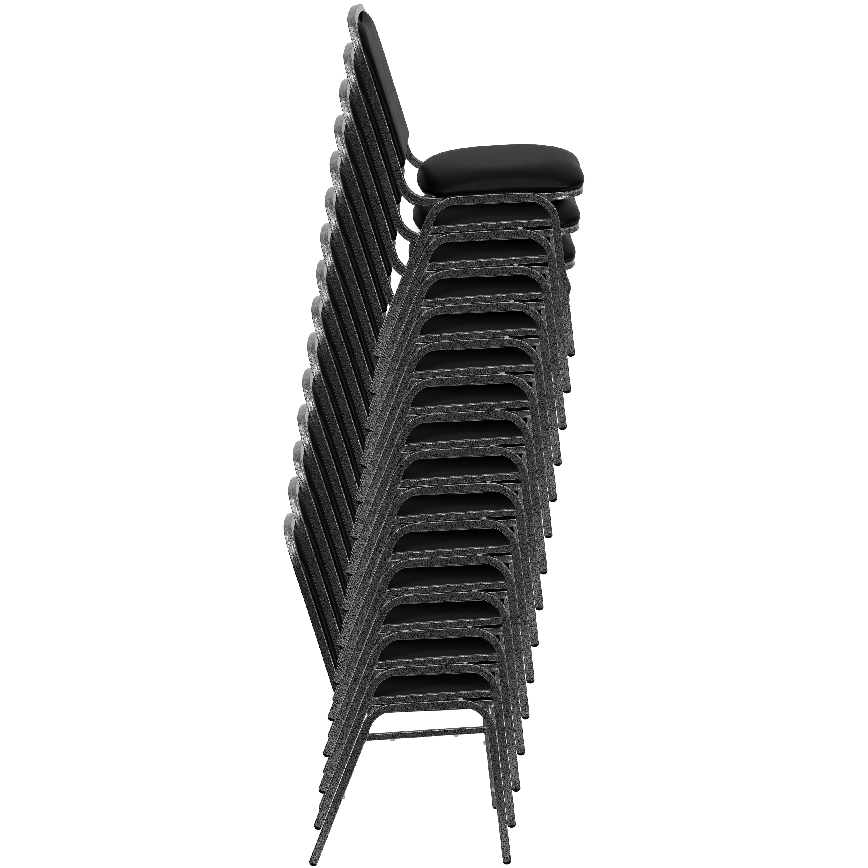 Emma + Oliver Stacking Banquet Chair in Black Vinyl - Silver Vein Frame