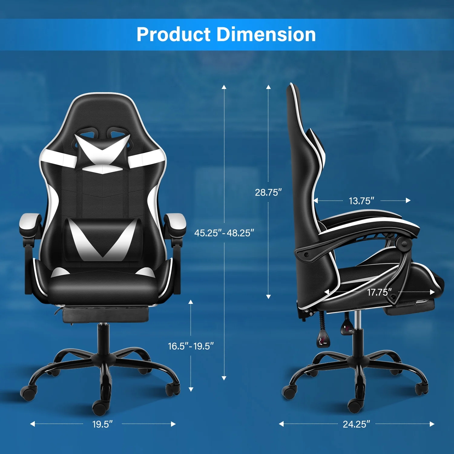 Huracan Racing Video Backrest and Seat Height Recliner Gaming Office High Back Computer Ergonomic Adjustable Swivel Chair, With footrest, Black/White