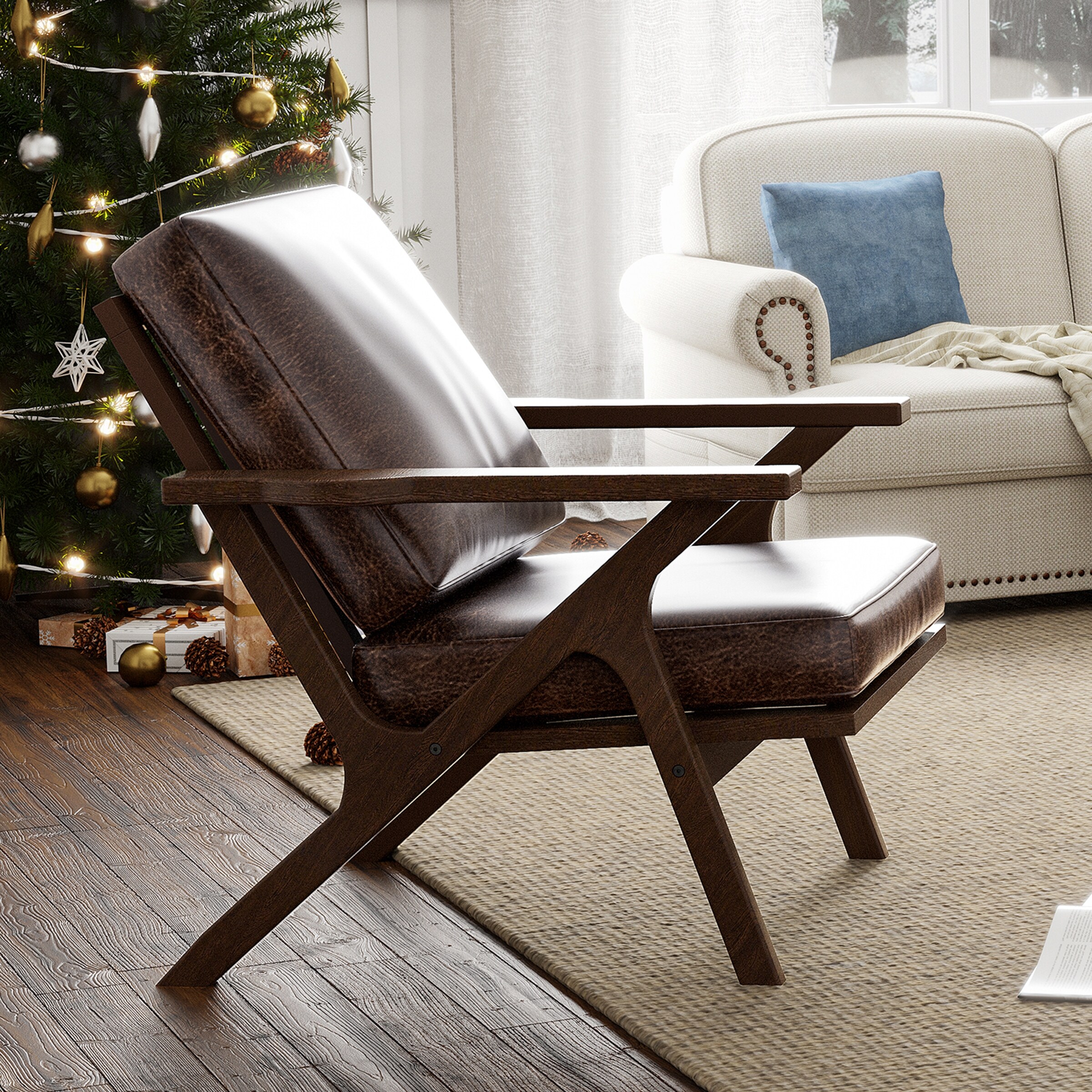 Crestlive Products Retro Accent Chair Rubber Wood Faux Leather Upholstered 1-piece - Brown