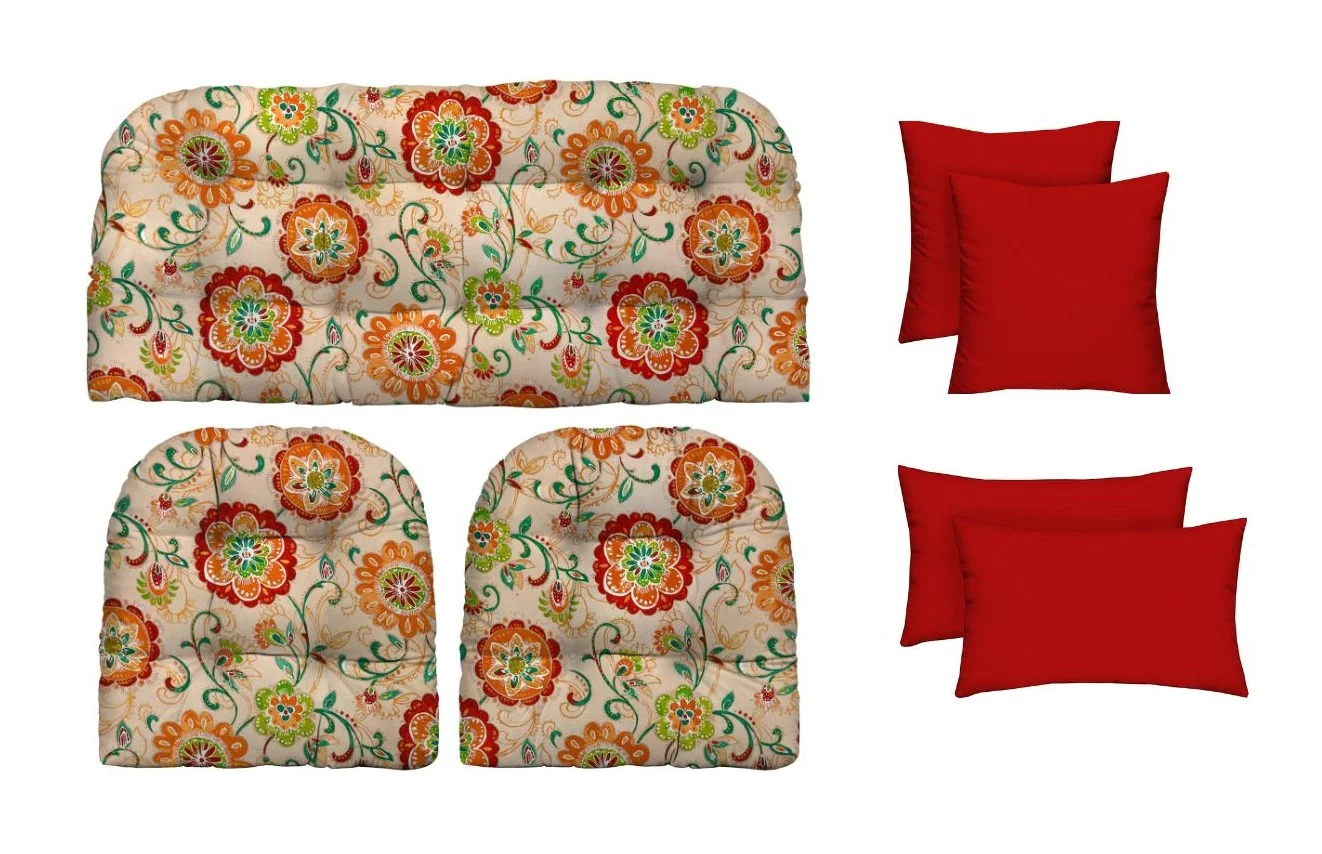 RSH Décor Indoor Outdoor 7 Piece Tufted Wicker Cushion Set + Pillows, Standard, Fanfare Sonoma Cream Floral + Red