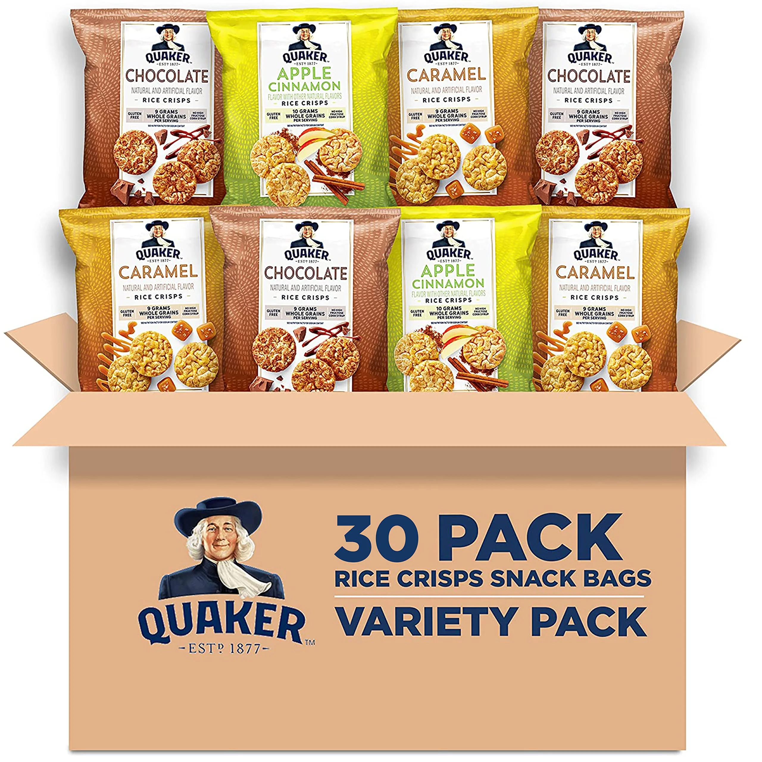 Quaker Rice Crisps, Gluten Free, 3 Flavor Sweet Variety Mix, 0.91Oz Bags (Pack Of 30)