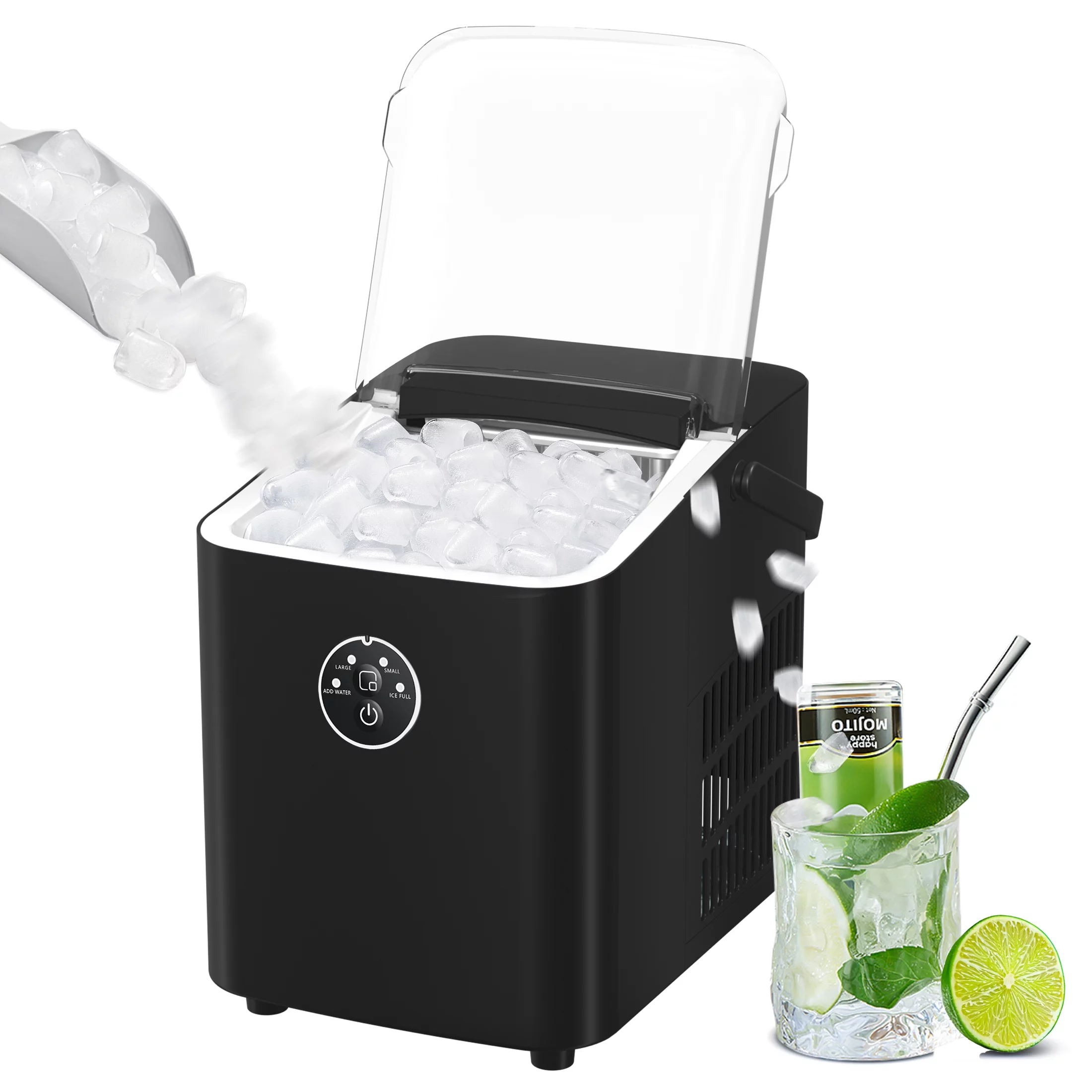 LHRIVER Portable Ice Maker Machine, Portable Ice Maker Machine with Handle, 26lbs/24H, 8 Bullet Ice Cubes of 2 Sizes S/L Ready in 9 Mins, Self-Cleaning for Home/Kitchen/Office/Party - Black