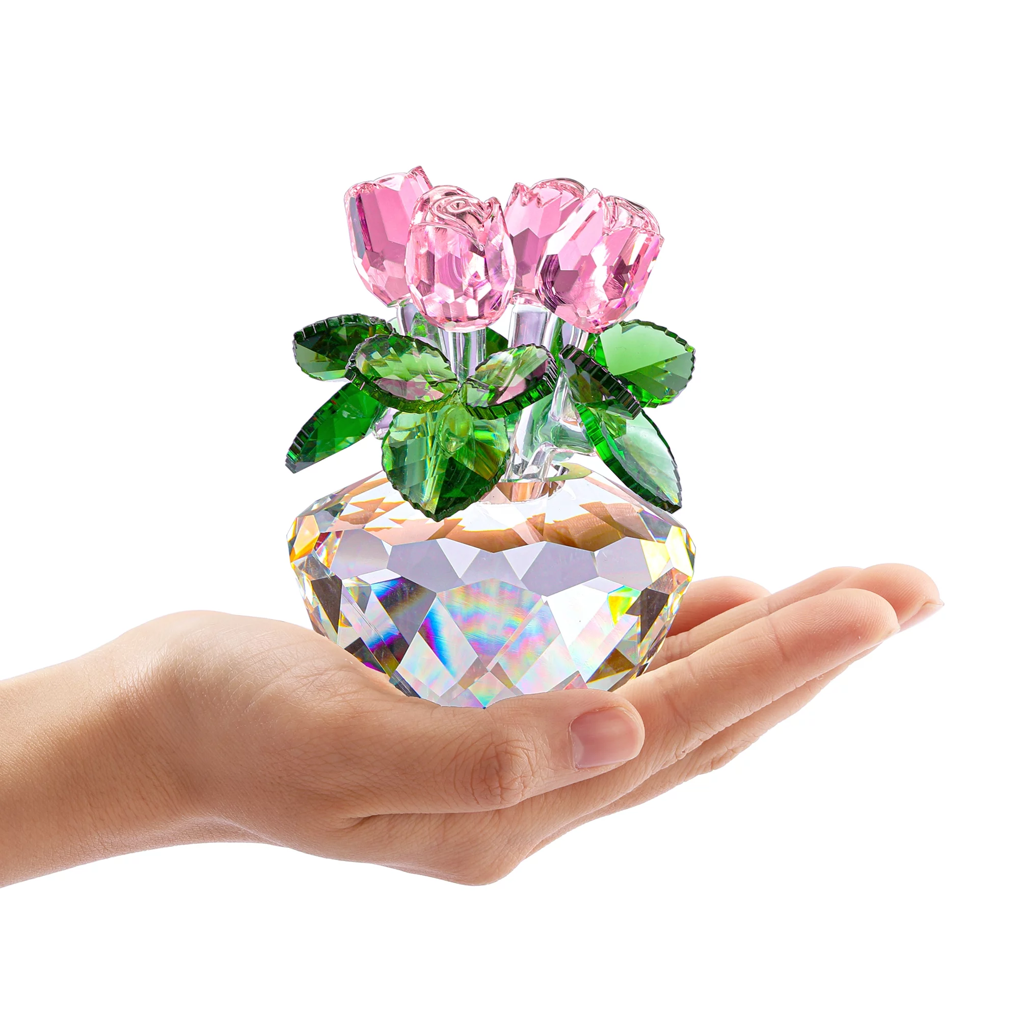 Jovivi Pink Rose Crystal Flower Figurine Collectibles Glass Flower Bouquet Ornament with Gift Box for Home Decoration Valentine's Day Anniversary Birthday Gift