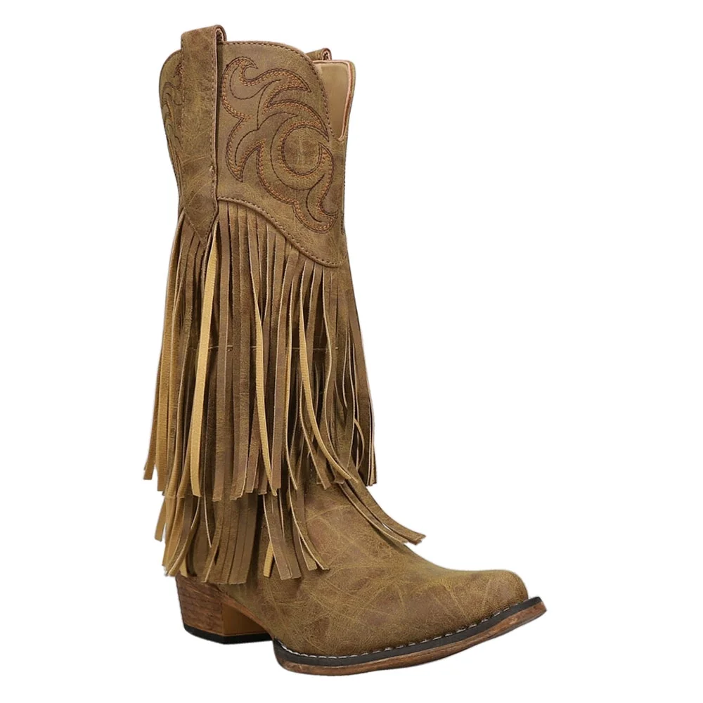 Roper  Womens Rickrack Embroidery Fringe Snip Toe Cowboy  Casual Boots   Mid Calf Low Heel 1-2
