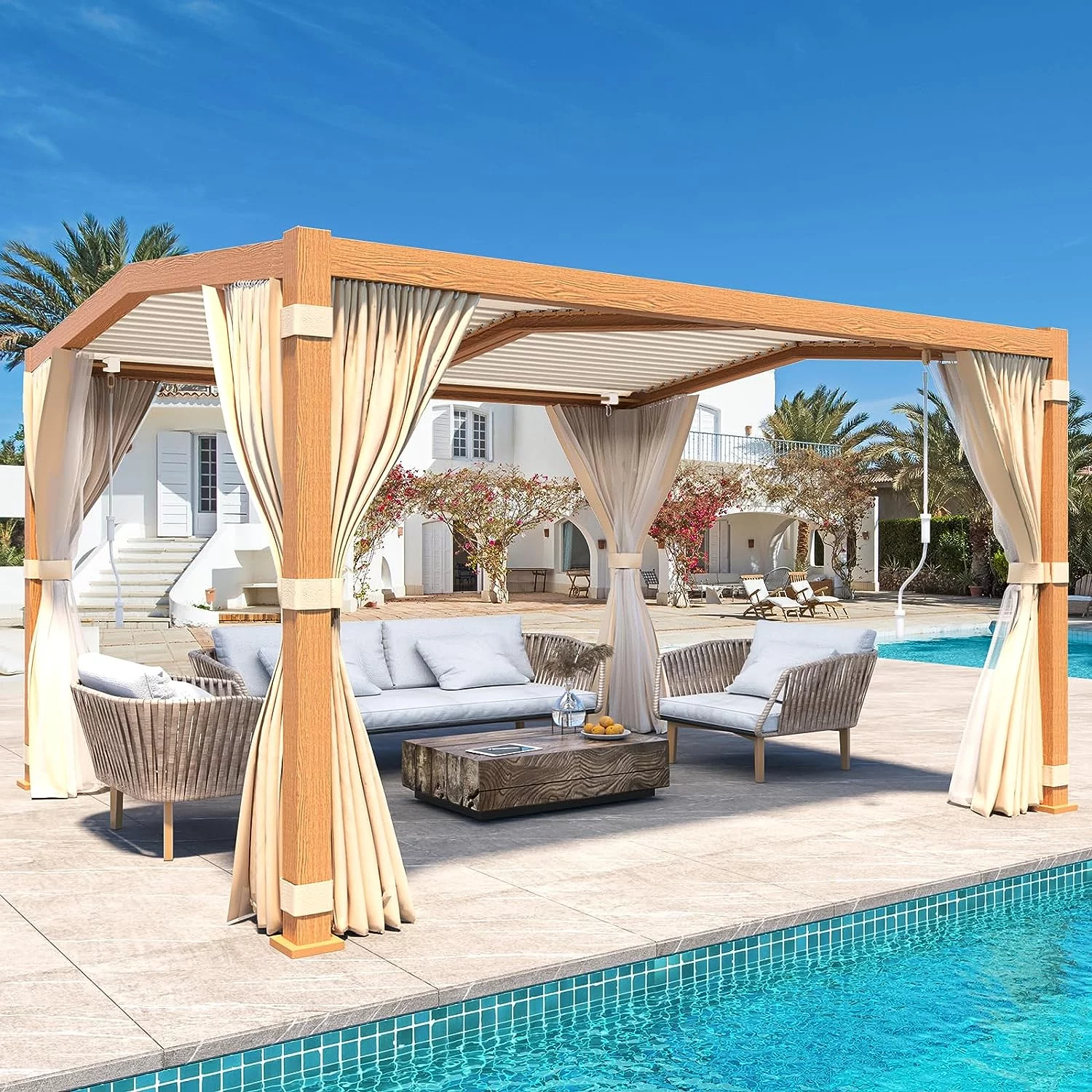 Richryce 11x13ft Louvered Pergola with Adjustable Rainproof Roof, Wood Grain Outdoor Aluminum Pergola for Patio, Lawn & Garden, Curtains and Netting Included