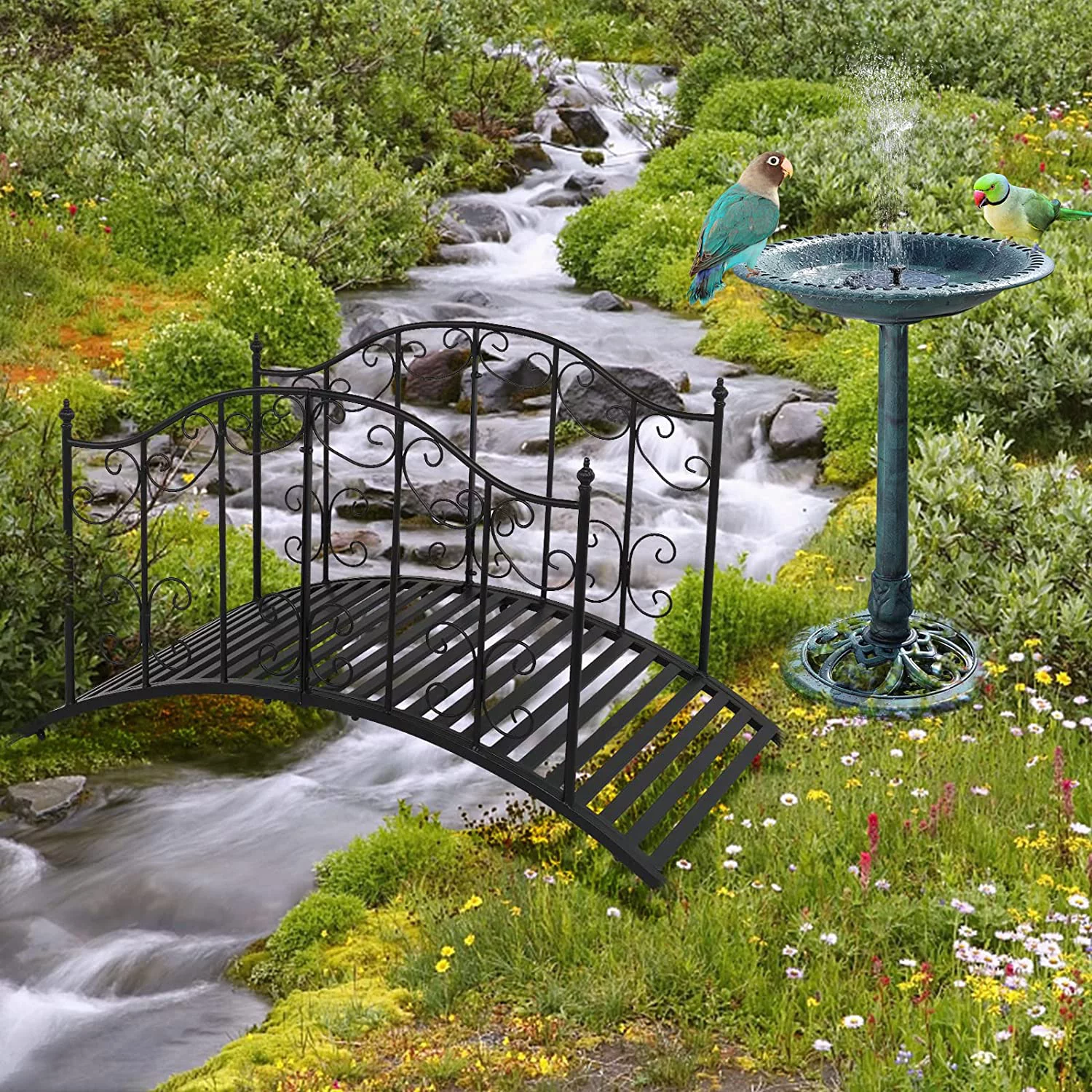 Garden Bridge Metal Yard Arch Path Bridge with Patterned Guardrails, Ourdoor Decorative Black Iron Foot Bridge for Pond and Backyard Landscaping-4FT