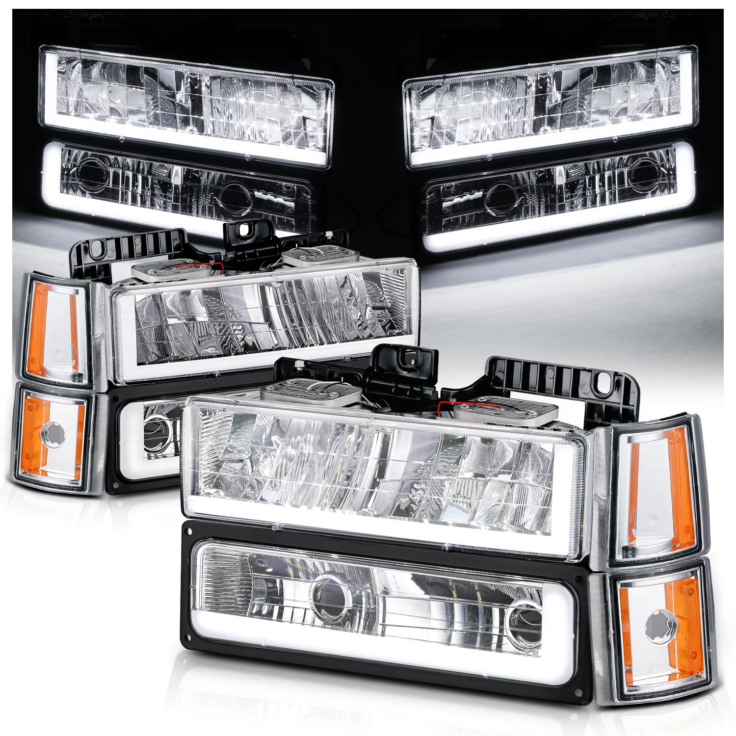M-AUTO DRL LED Tube Headlight Assembly with 6000K LED Bulbs for 1994-1999 GMC C1500/K1500 Yukon, 1994-1999 GMC C1500/C2500/K1500/K2500 Suburban, 1994-2000 GMC C2500/C3500/K2500/K3500