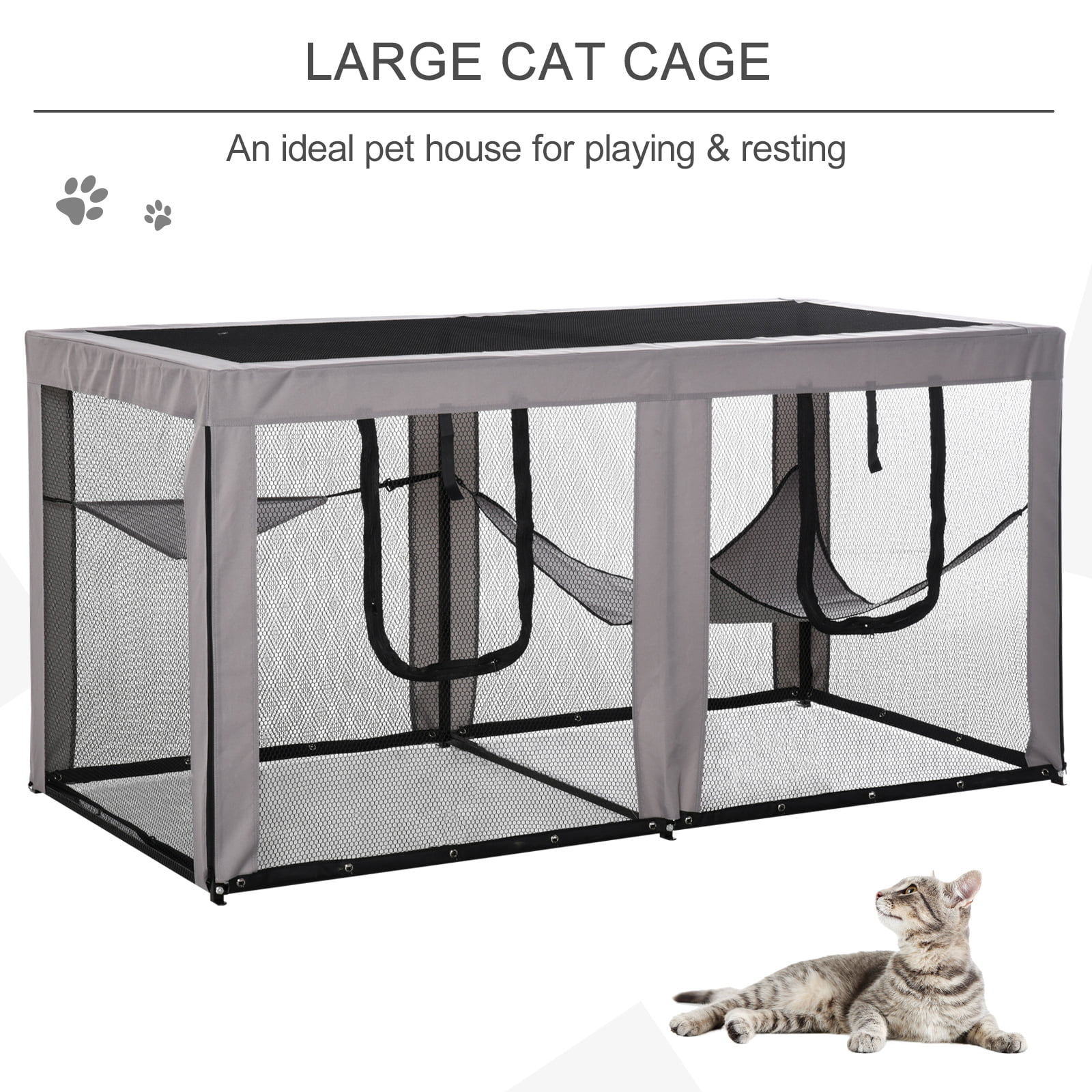 Pawhut Large Mesh Cat House, Black & Grey